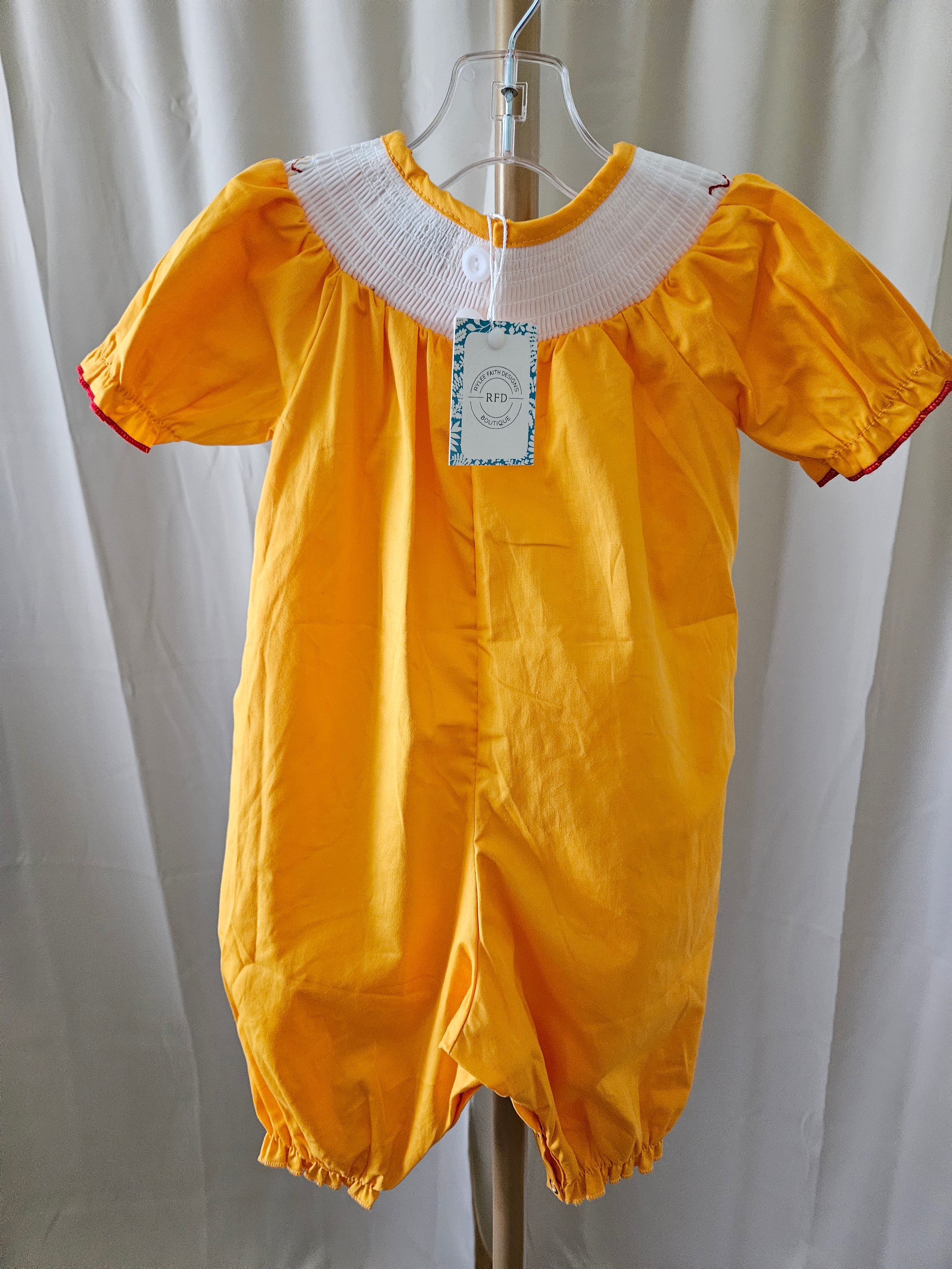 Rylee Faith Designs Smocked Fall Pumpkin Romper | Sizes 3M, 6M, 12M & 18M