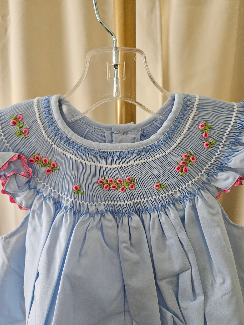 Mom & Me Blue Geometric Smocked Bubble w/ Angel Sleeves & Floral Detail – 12M