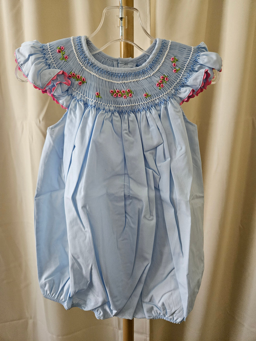 Mom & Me Blue Geometric Smocked Bubble w/ Angel Sleeves & Floral Detail – 12M