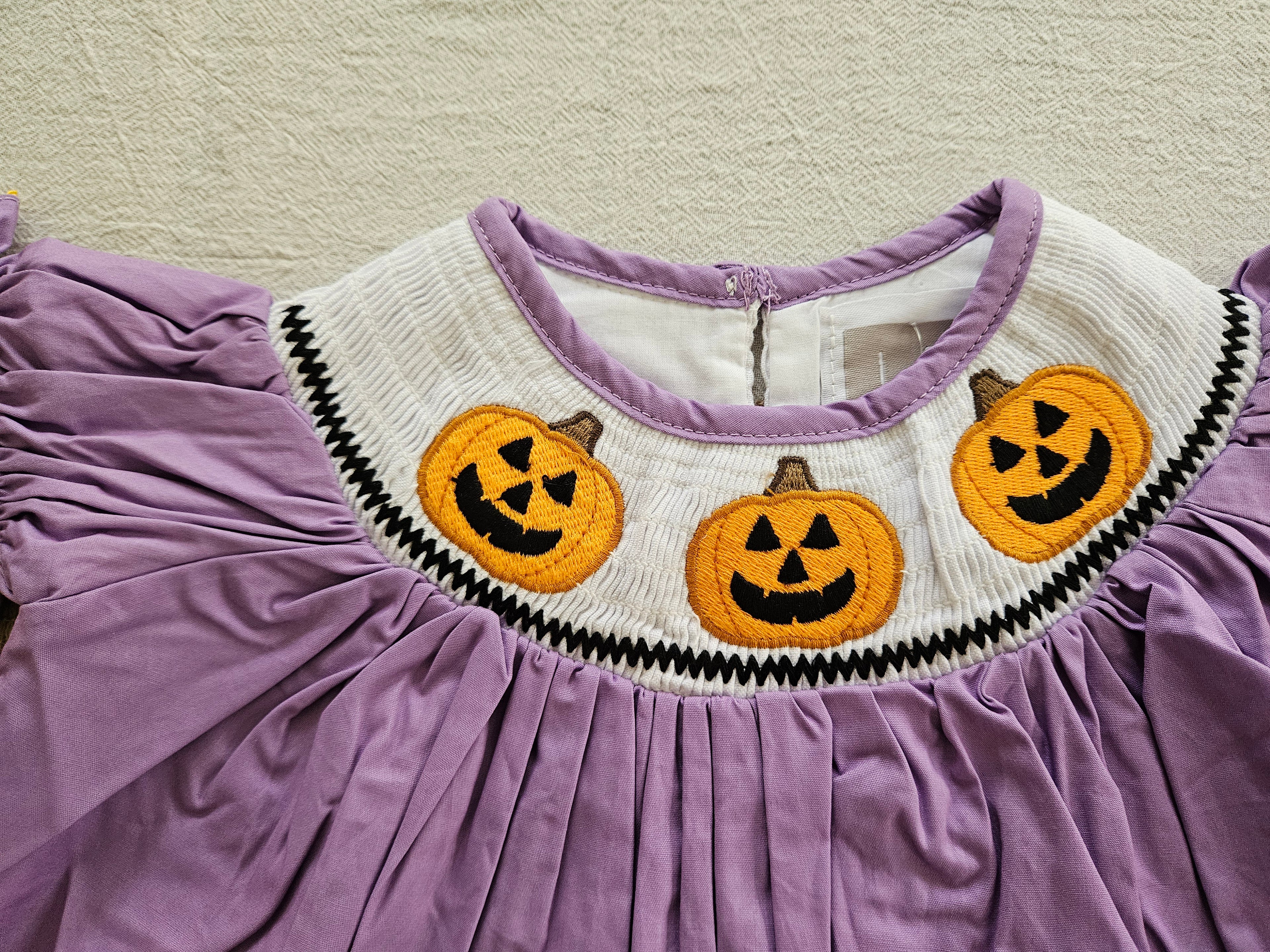 Lil Cactus Purple, Black & White Gingham Smocked Jack O'Lantern Dress Size 3–6M