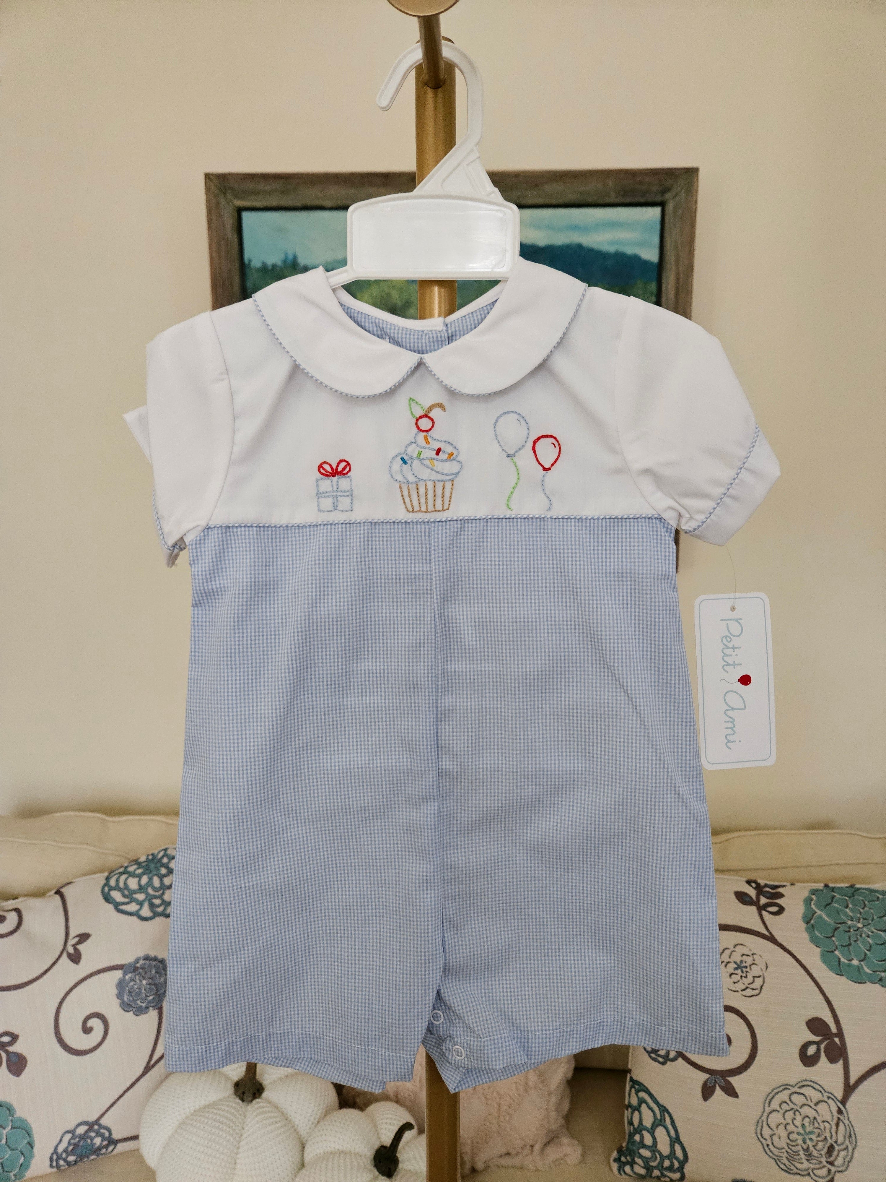 Petit Ami Blue and White Birthday Embroidered Romper