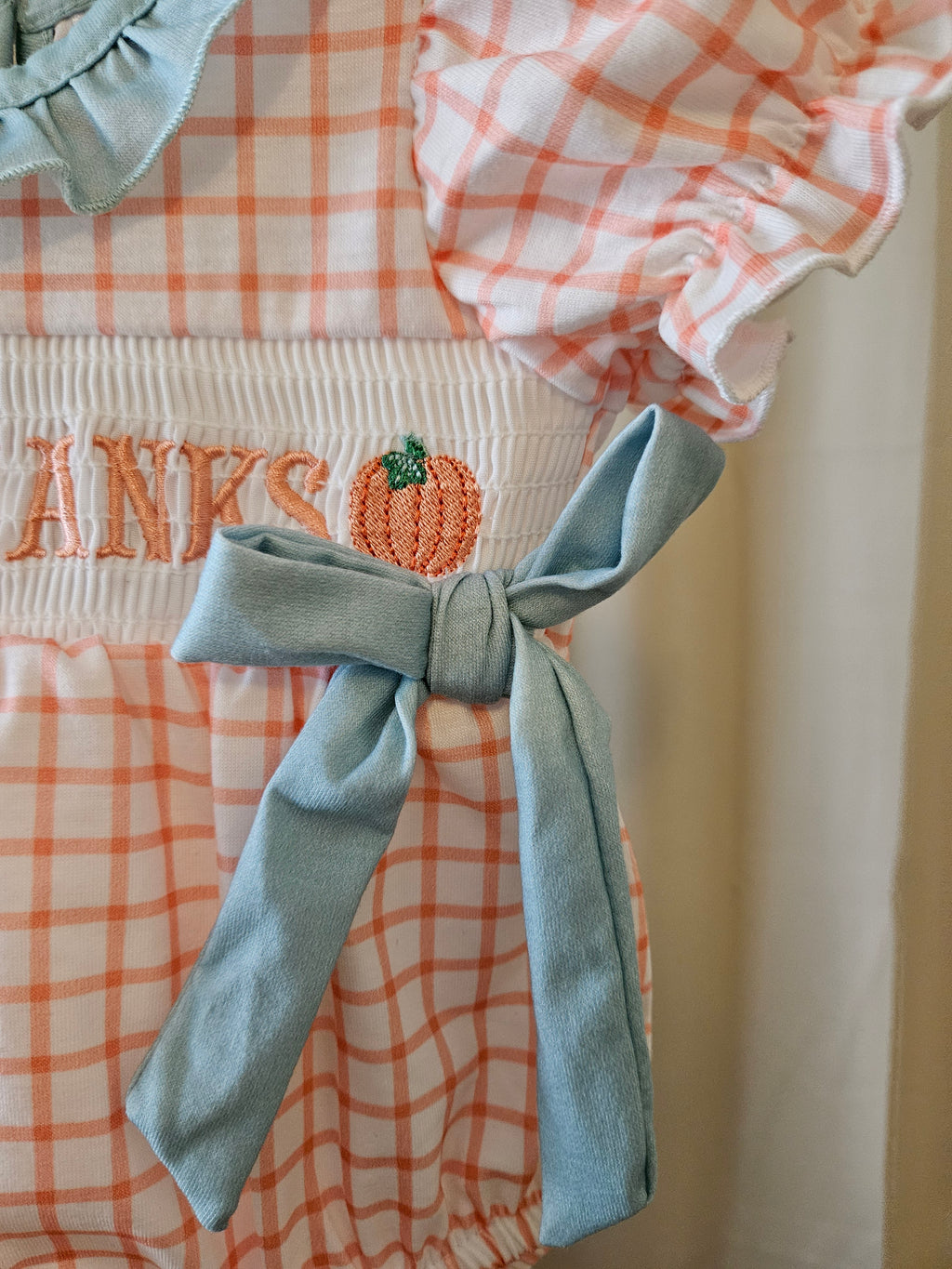 Custom Made Orange & White Plaid Smocked Pumpkin Bubble