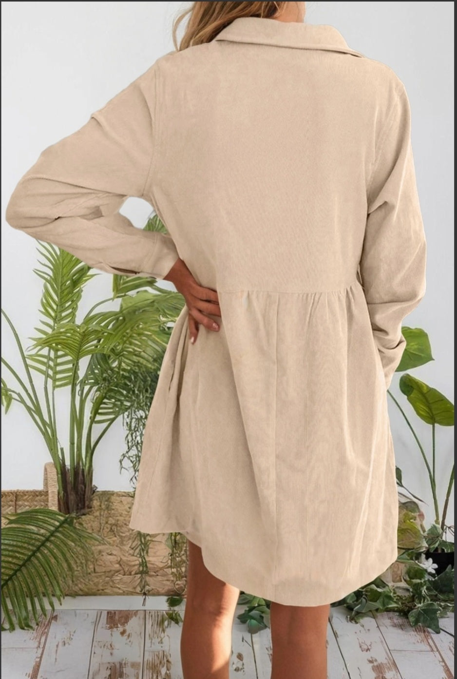 Corduroy Half Button Collared Long Sleeve Dress