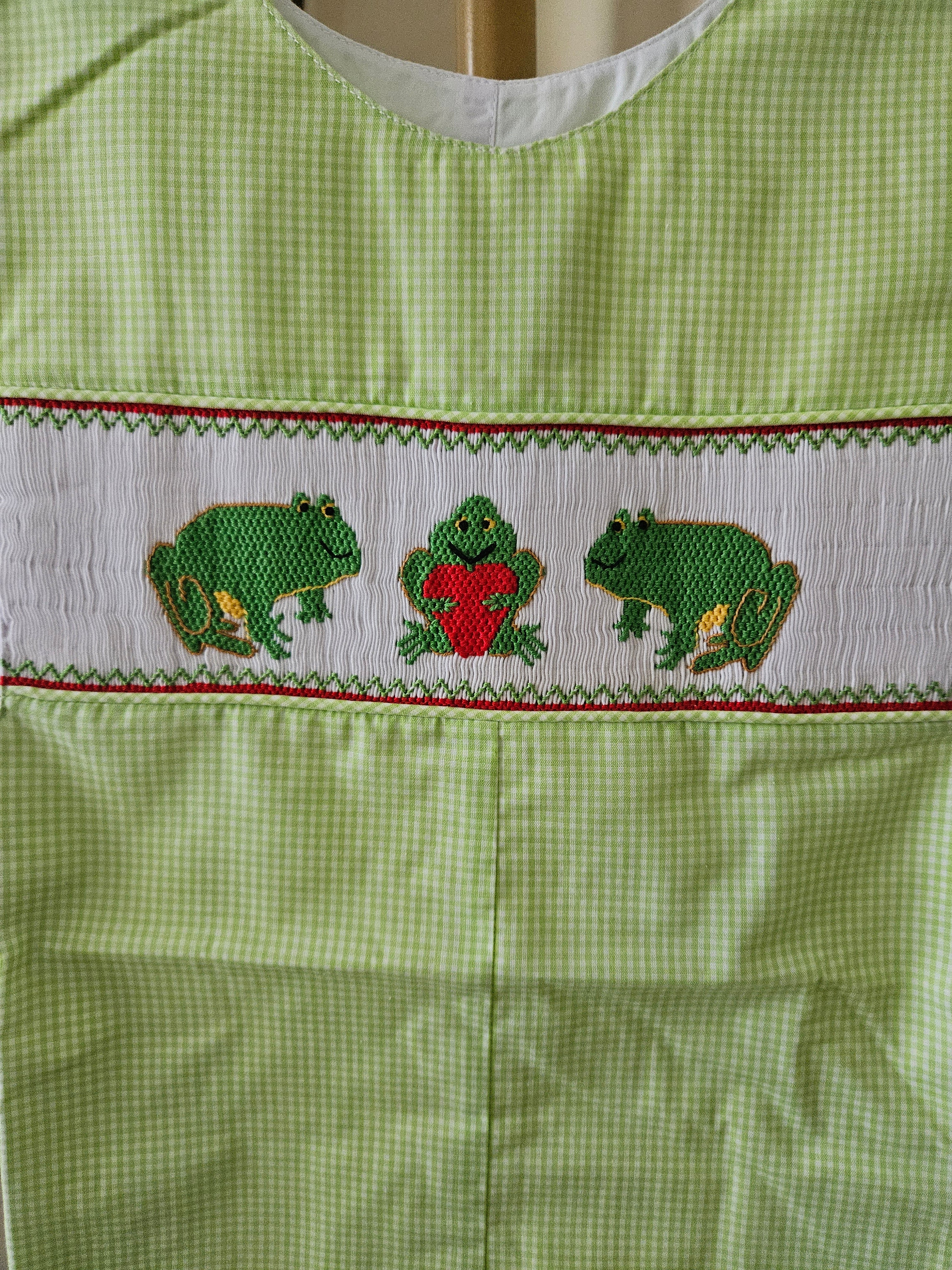 Mom & Me Toddler Boy Green & White Gingham Smocked Jon Jon Frogs Hearts 🐸💚
