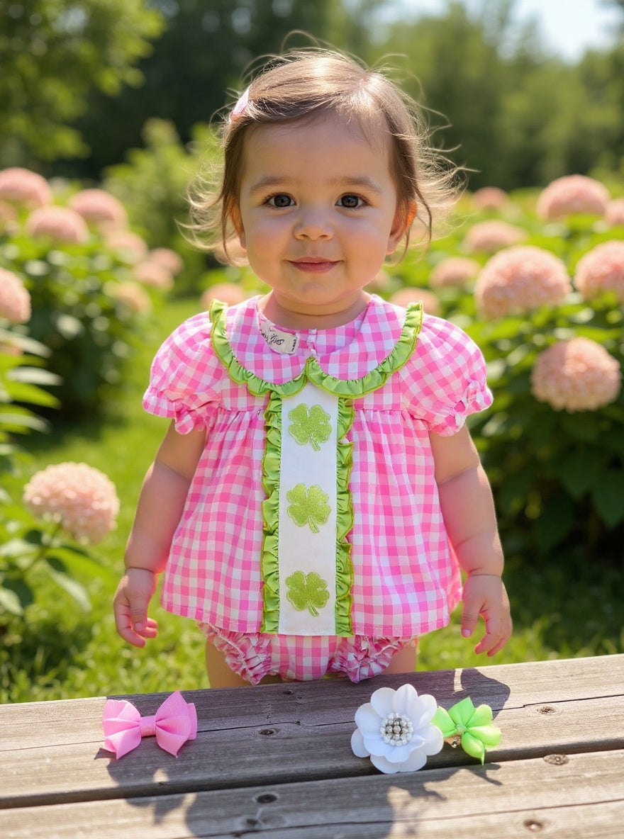 Marie Nicole Magenta & Lime Embroidered Shamrocks Ruffle Bloomers Set Sz 12-18M