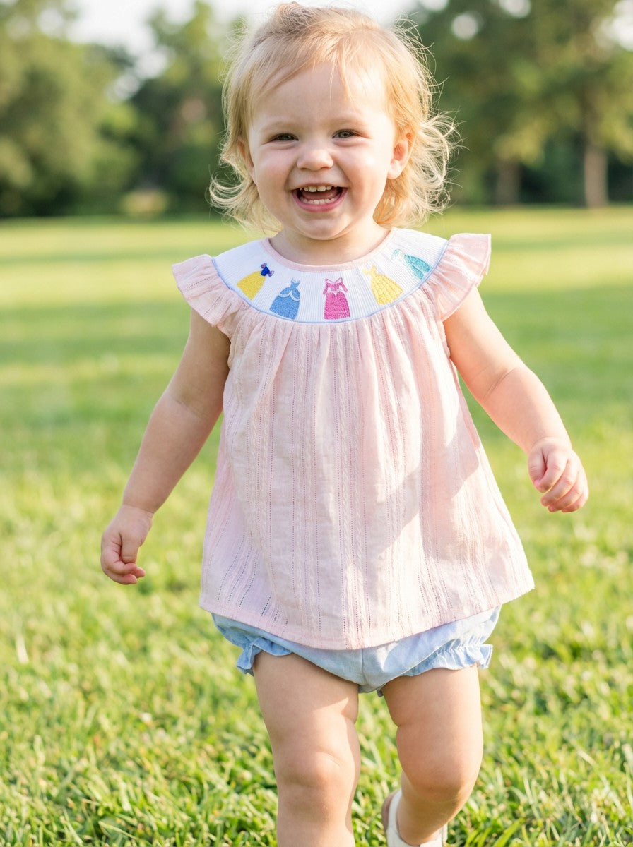 Abby & Evie Pastel Pink and Blue Smocked Disney Princess 2pc Outfit