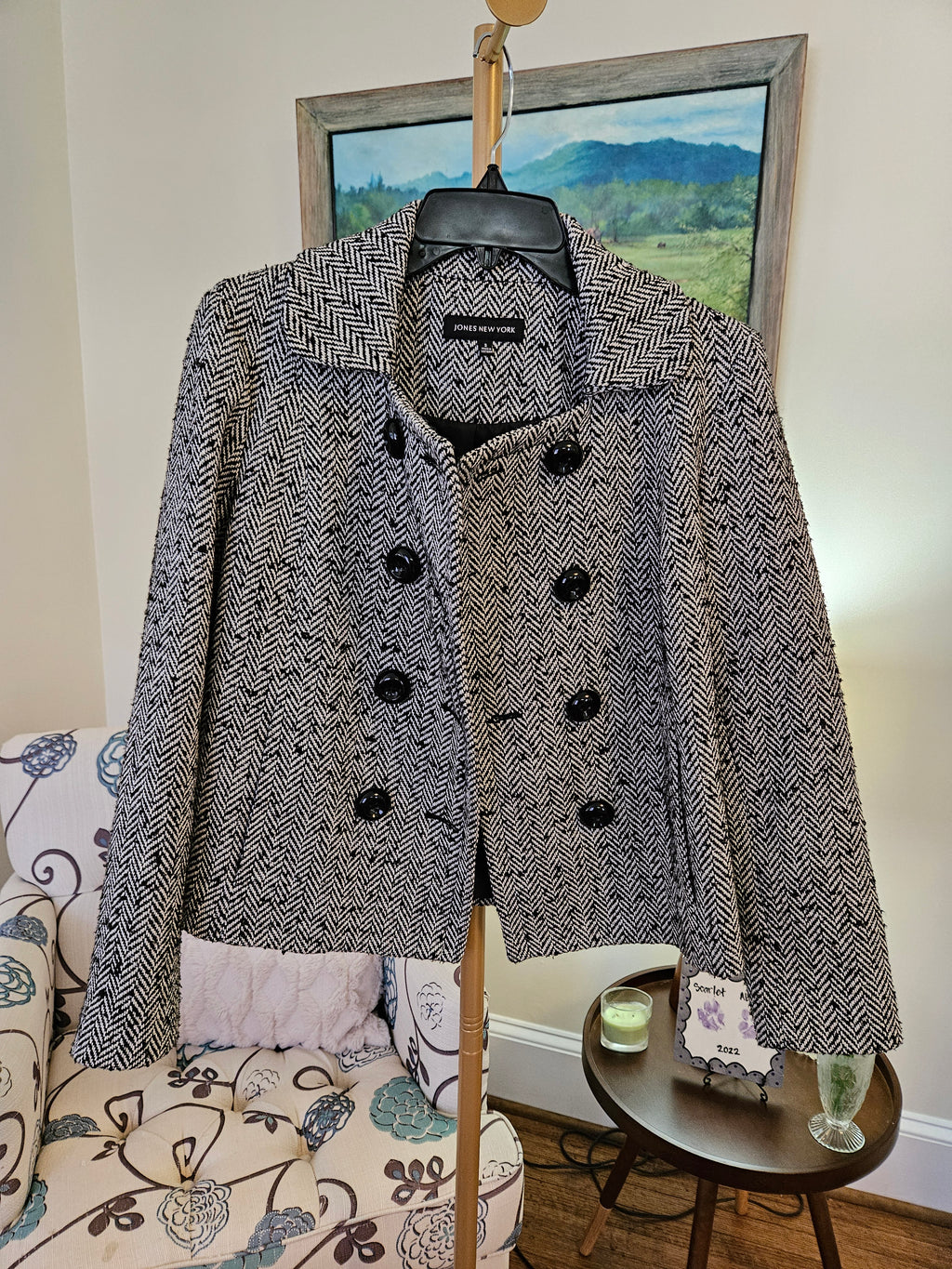 Jones New York Black and White Herringbone Tweed Jacket Sz 2