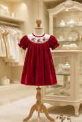 Lil Cactus Smocked Reindeer Red Velvet Dress with Matching Bows |