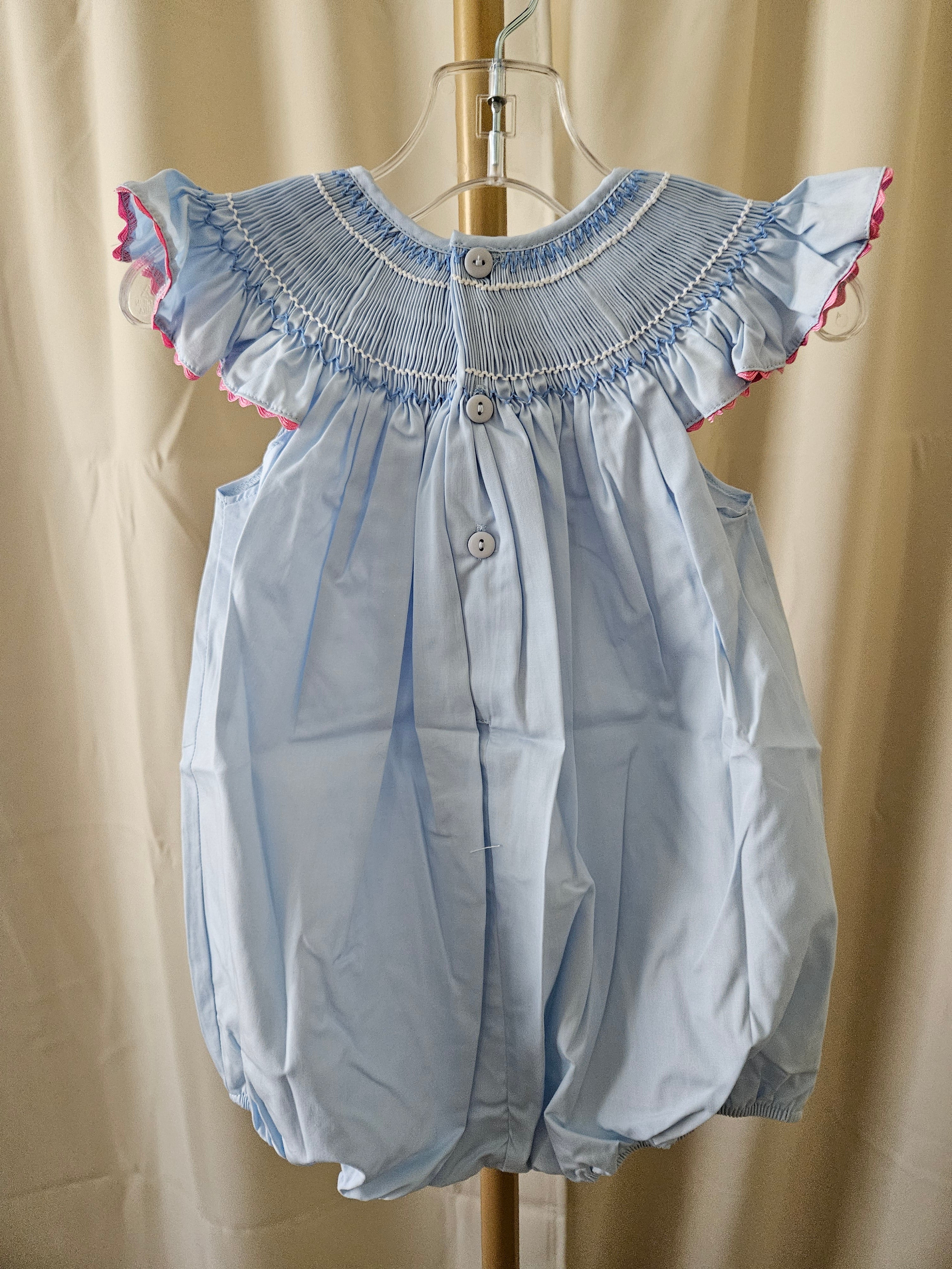 Mom & Me Blue Geometric Smocked Bubble w/ Angel Sleeves & Floral Detail – 12M