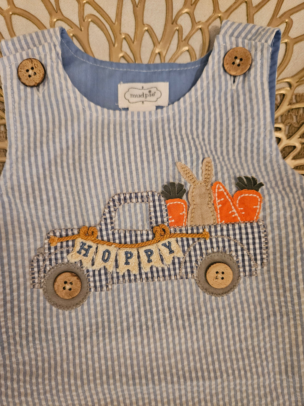 Mud Pie Blue and White Bunny Striped Romper Sz 6-9M
