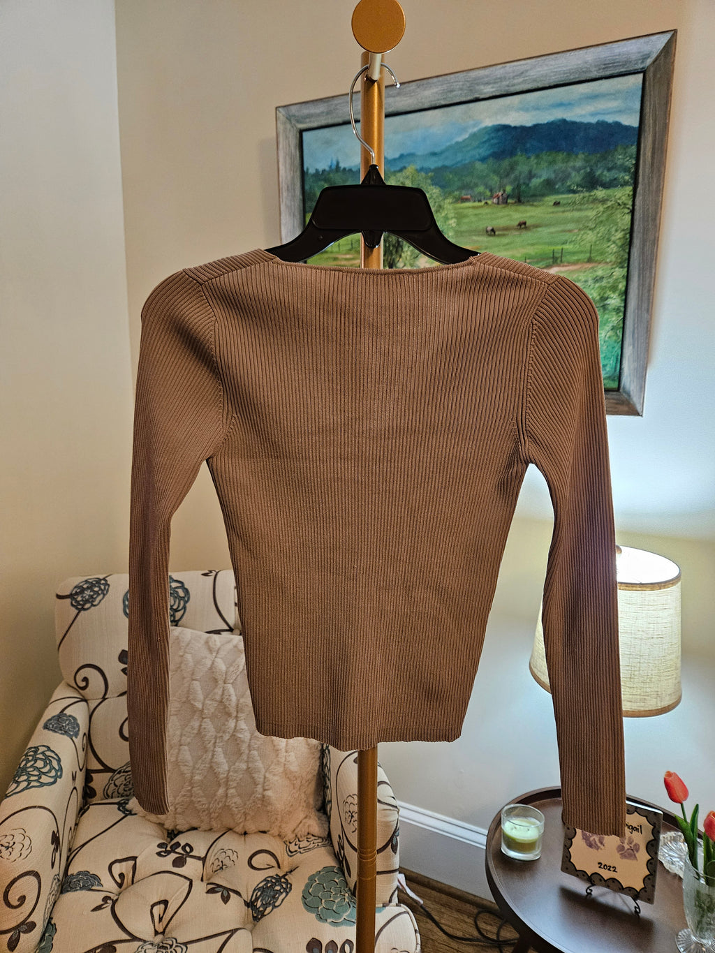 Zara Tan Ribbed Knit V-neck  Blouse Sz Sm