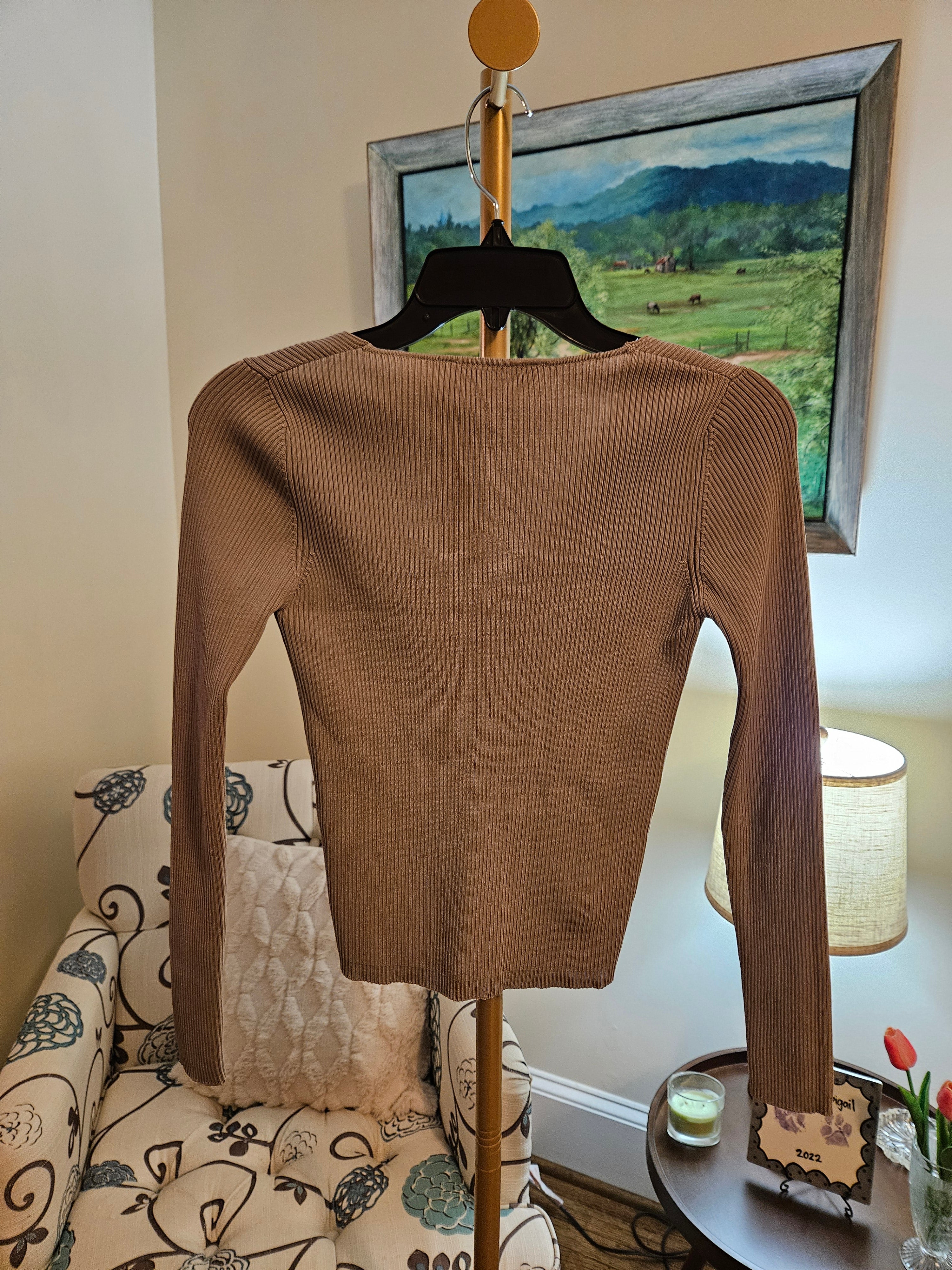 Zara Tan Ribbed Knit V-neck  Blouse Sz Sm