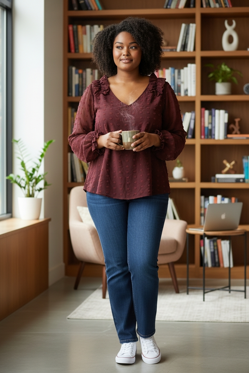 Entro Elegant Burgundy Vneck Shear Women's Top Sz 1X