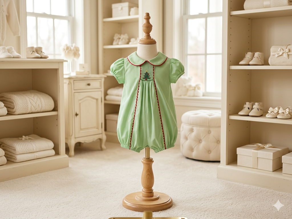 Baby Blessings Green & White Microcheck Smocked Christmas Tree Bubble