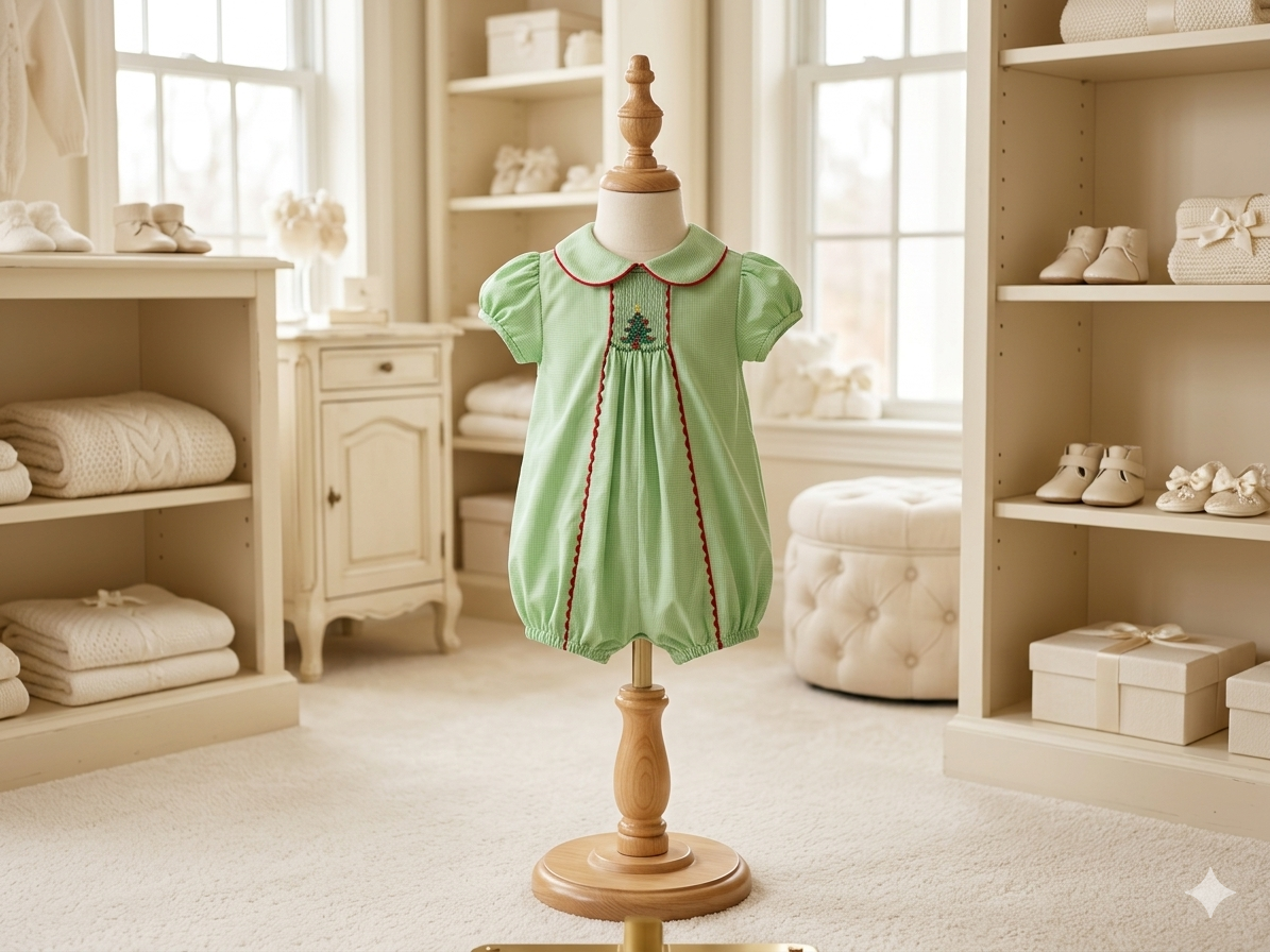 Baby Blessings Green & White Microcheck Smocked Christmas Tree Bubble