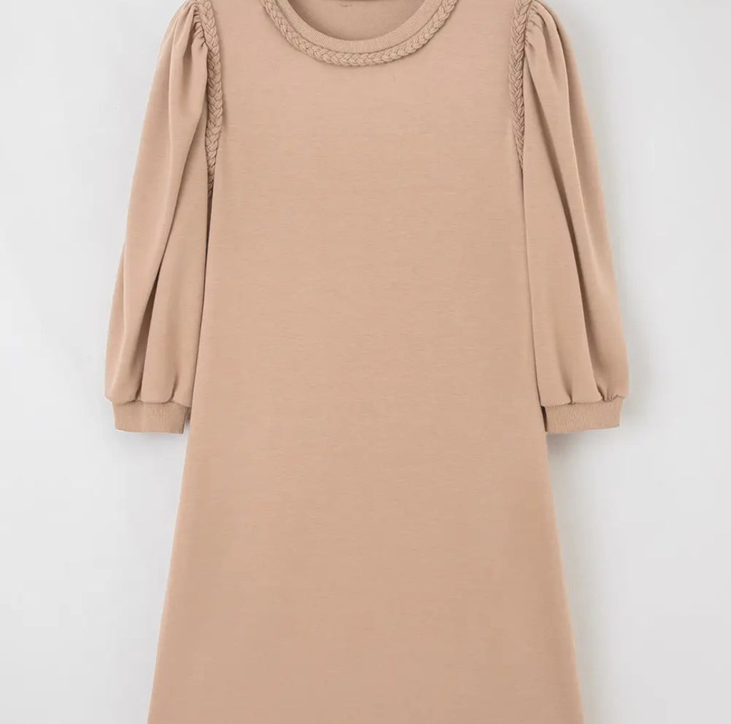 Lovesoft Light French Beige Braided Trim Puff Sleeve Dress Sz Med