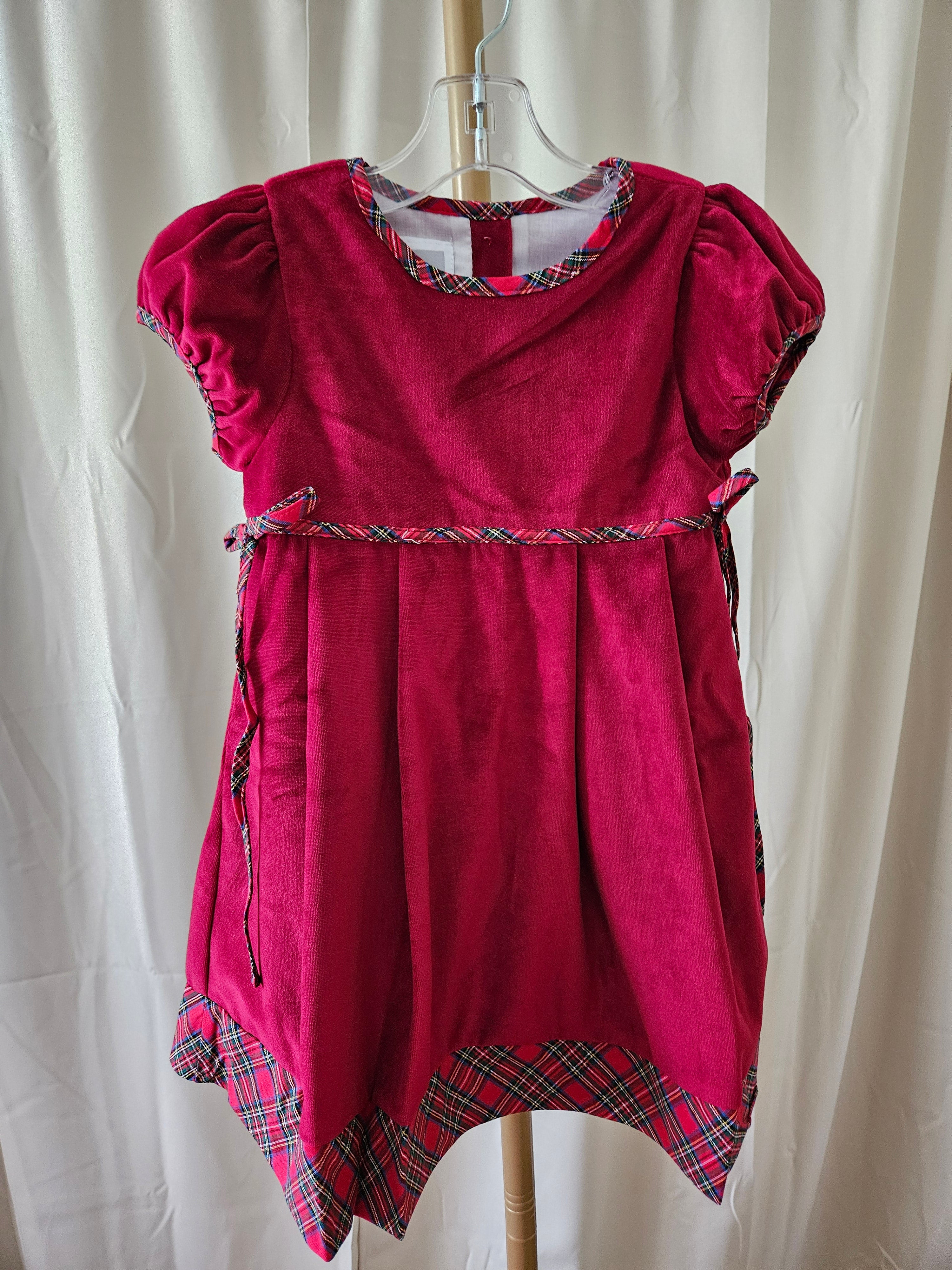 Lil Cactus Deep Red Velvet Christmas Dress Plaid Trim