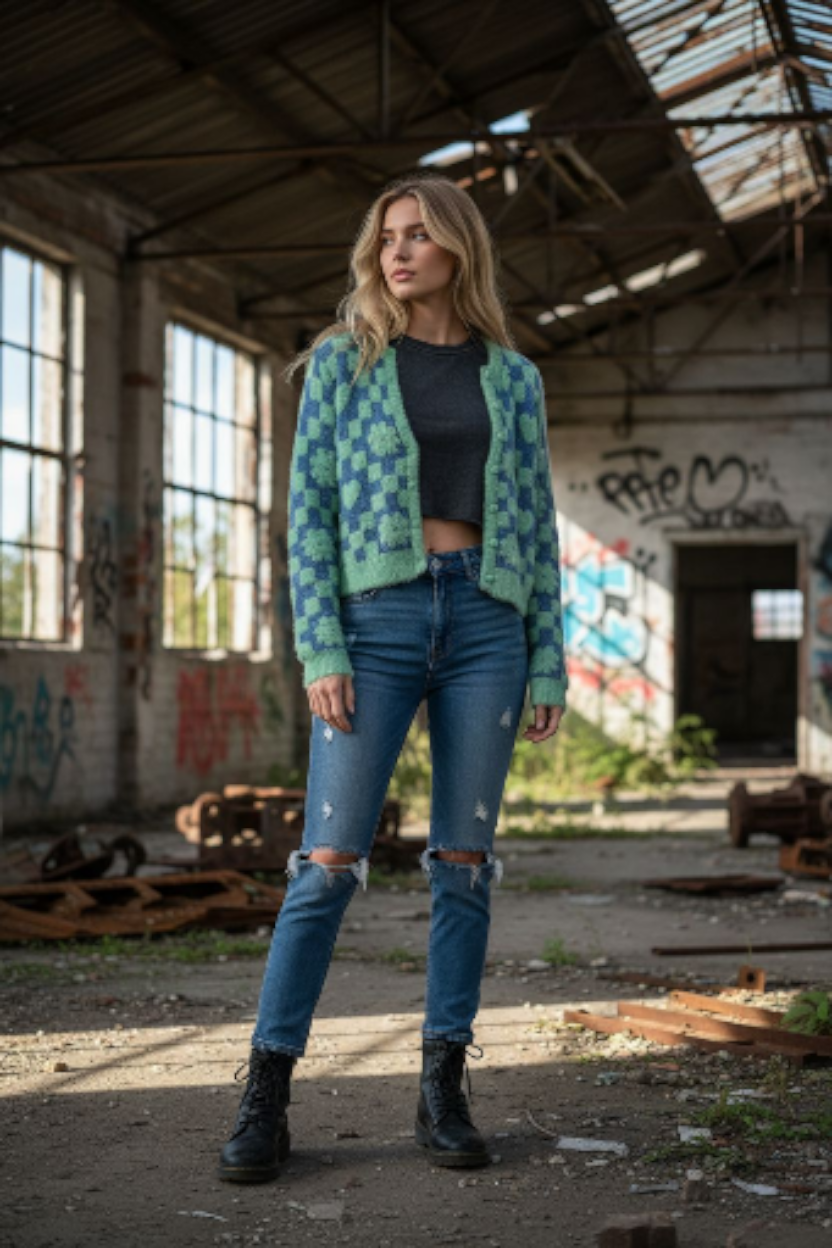 Forever 21 Green and Blue Fuzzy Checkered Cardigan Sz Sm