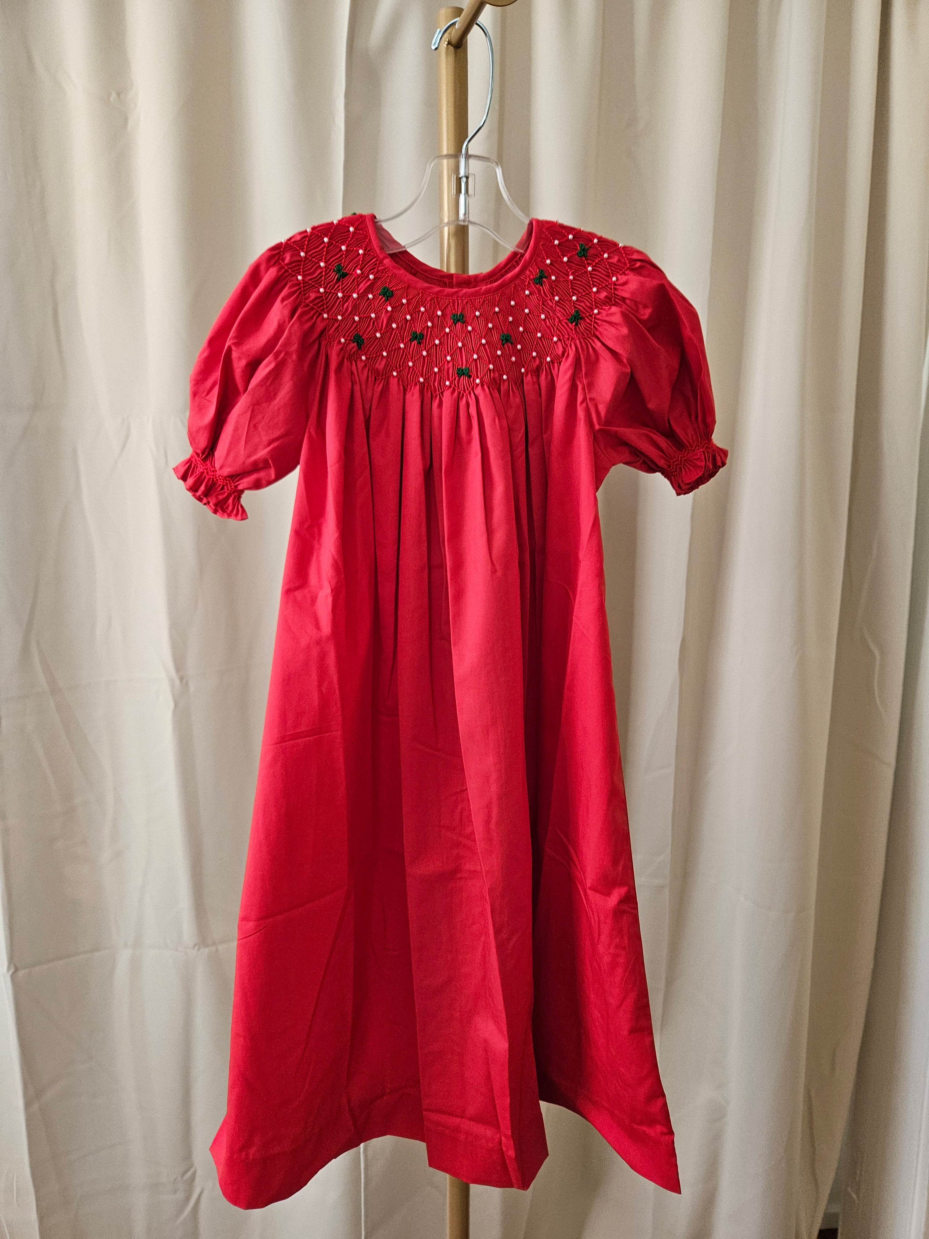 Love Me Red Heirloom Smocked Bishop Dress with Green Bows & Pearls