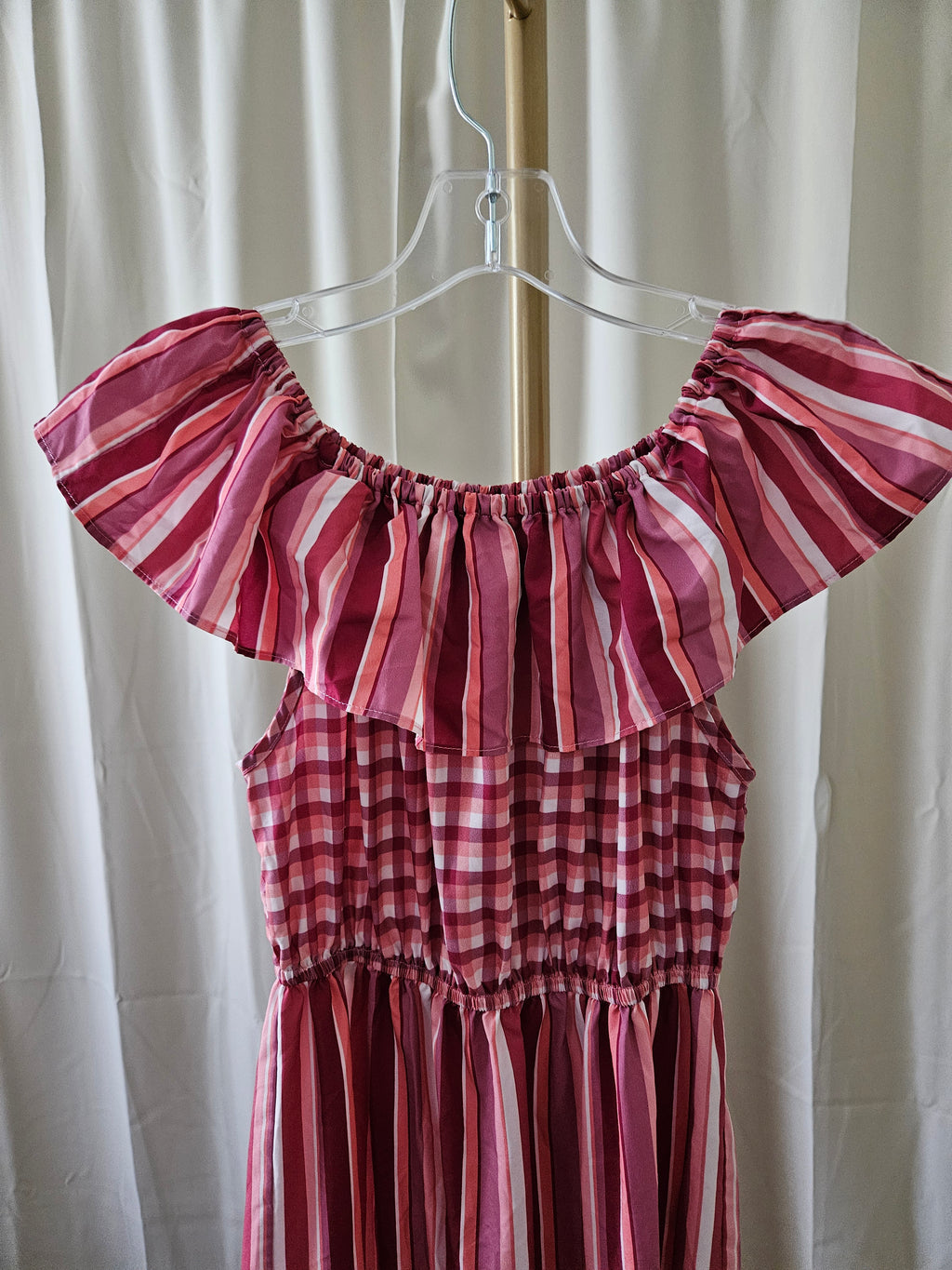 L'atiste by Amy Dusty Pink Plaid & Striped Off-Shoulder Maxi Dress | Size Small