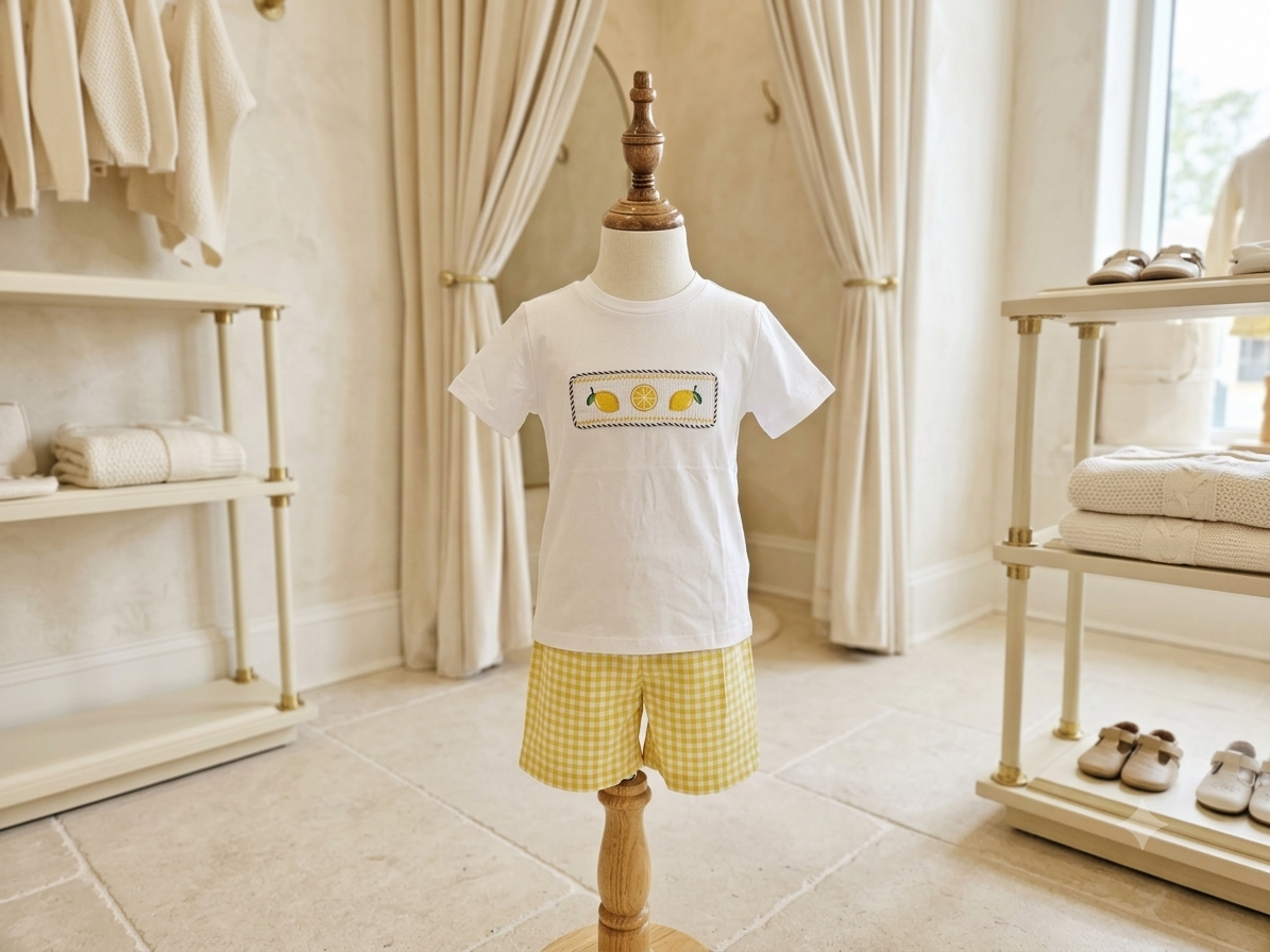 Lil Cactus White Smocked Lemons & Yellow Gingham Shorts Set Size 6Y