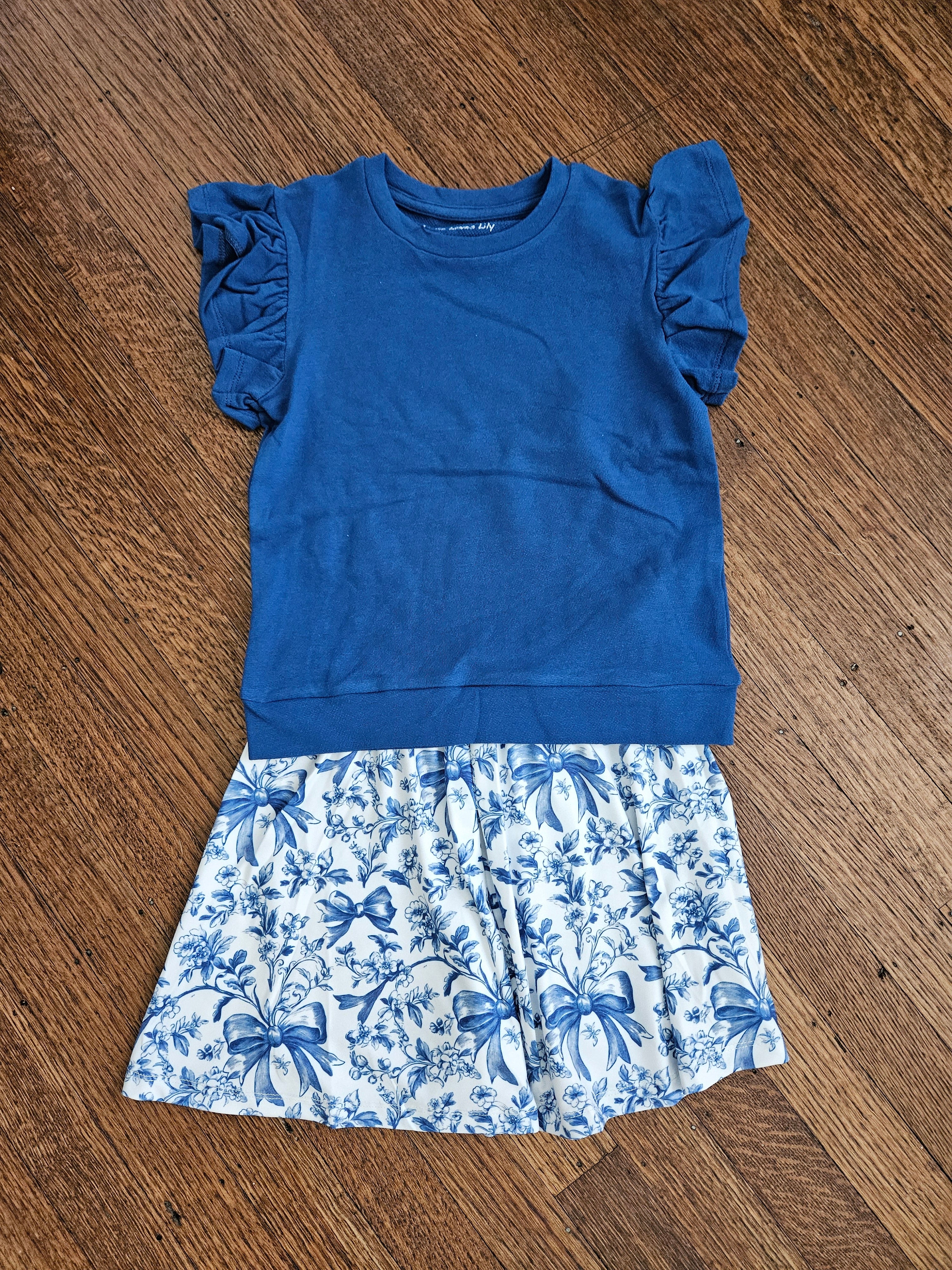 Millie Loves Lily Blue Flutter Top & Blue/White Bow Floral Skort Set | Sizes 6 & 8