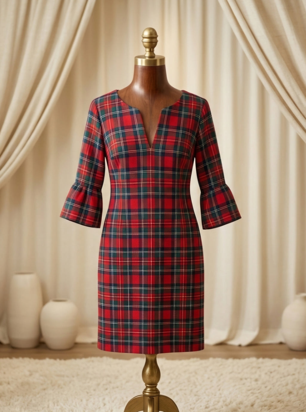 Vineyard Vines Red Green Plaid Bell Sleeve V-Neck Dress Size 0