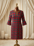 Vineyard Vines Red Green Plaid Bell Sleeve V-Neck Dress Size 0
