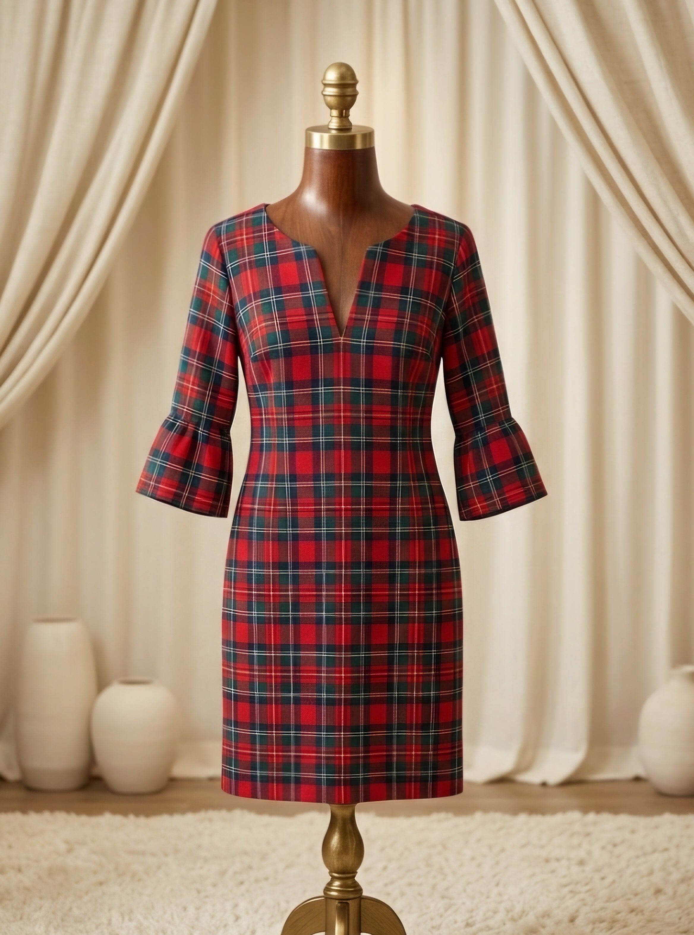 Vineyard Vines Red Green Plaid Bell Sleeve V-Neck Dress Size 0