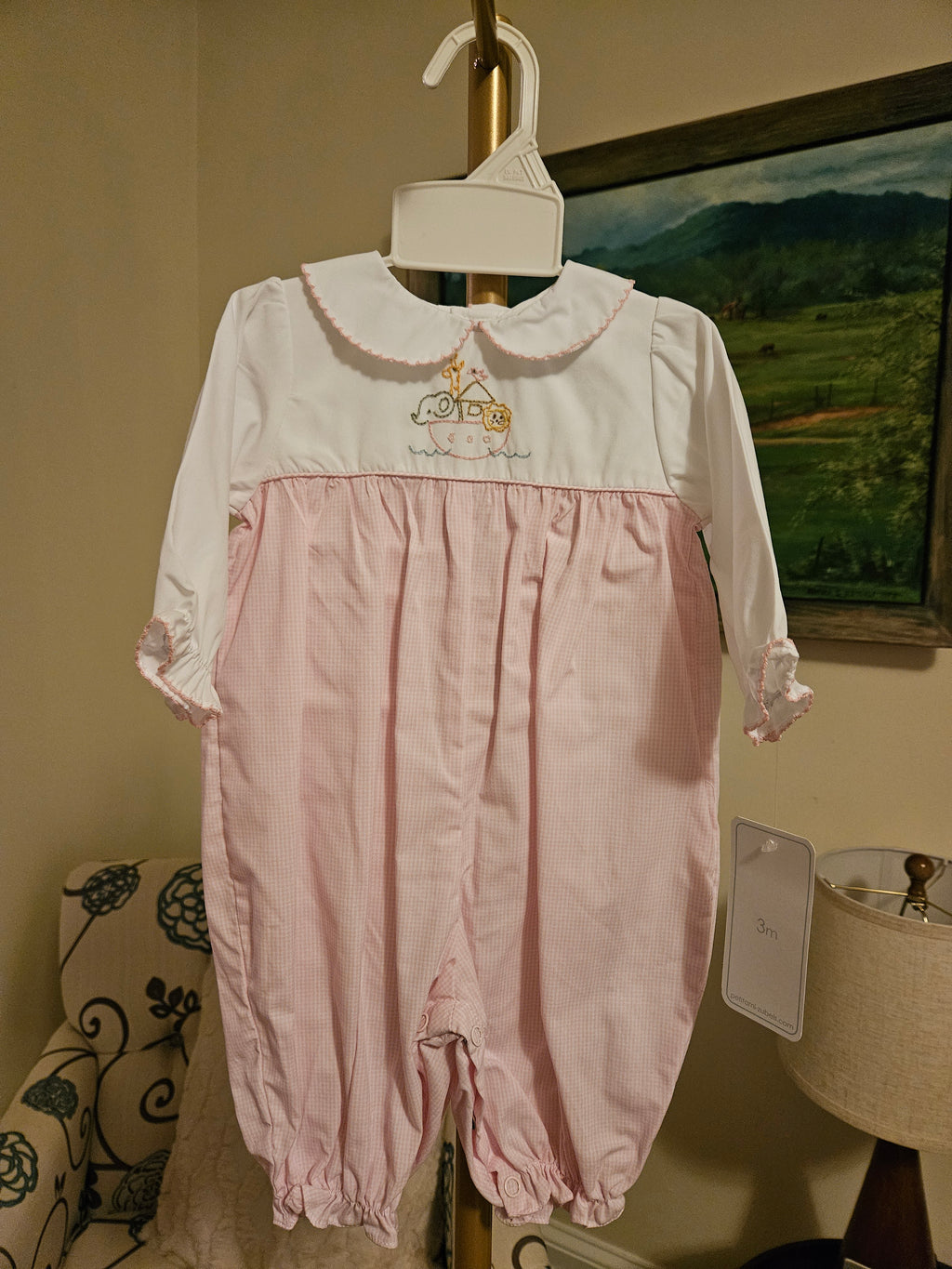 Petit Ami Pink and White Noah's Ark Embroidered Longall