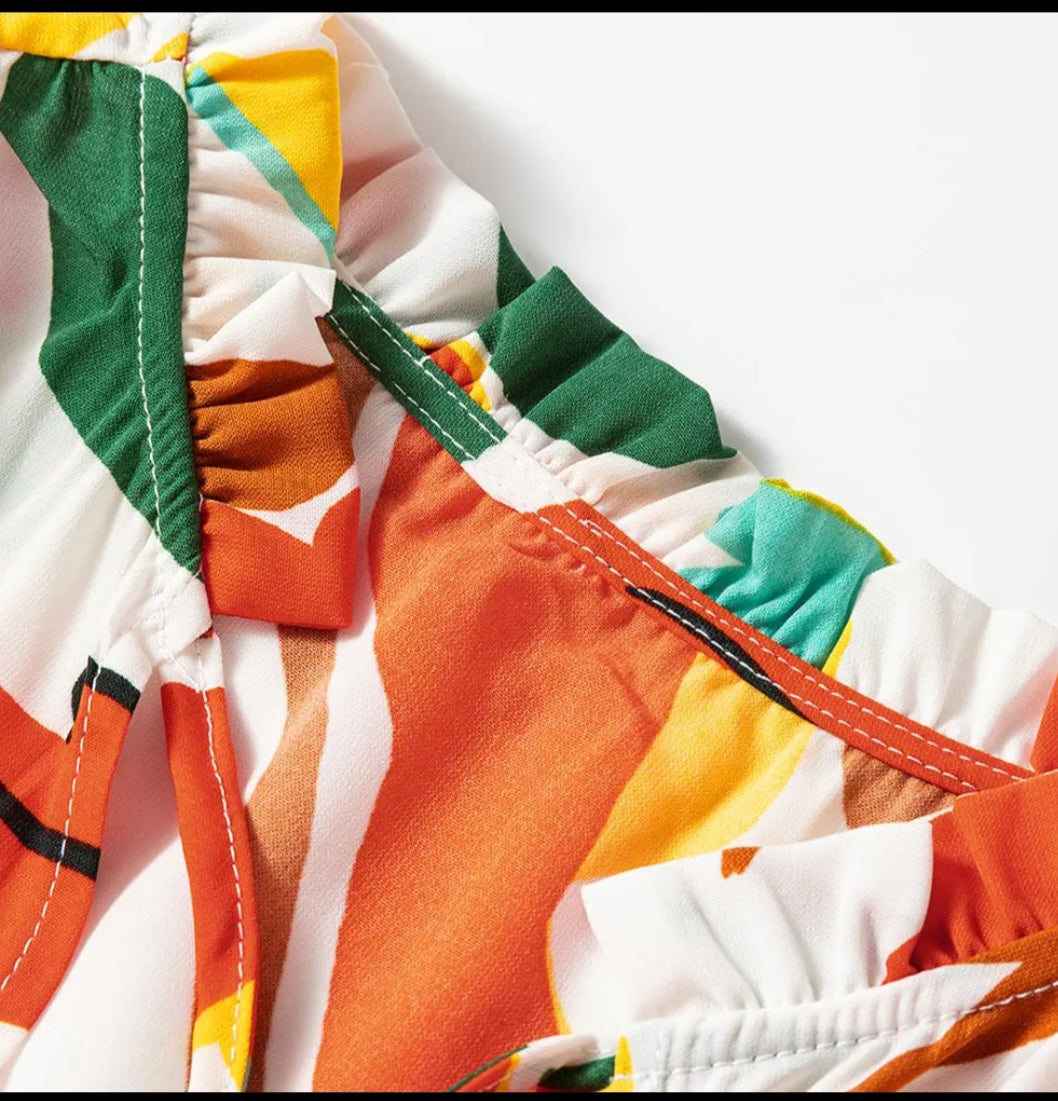 Lovesoft Orange Floral Print Split Vneck Tiered Maxi Dress