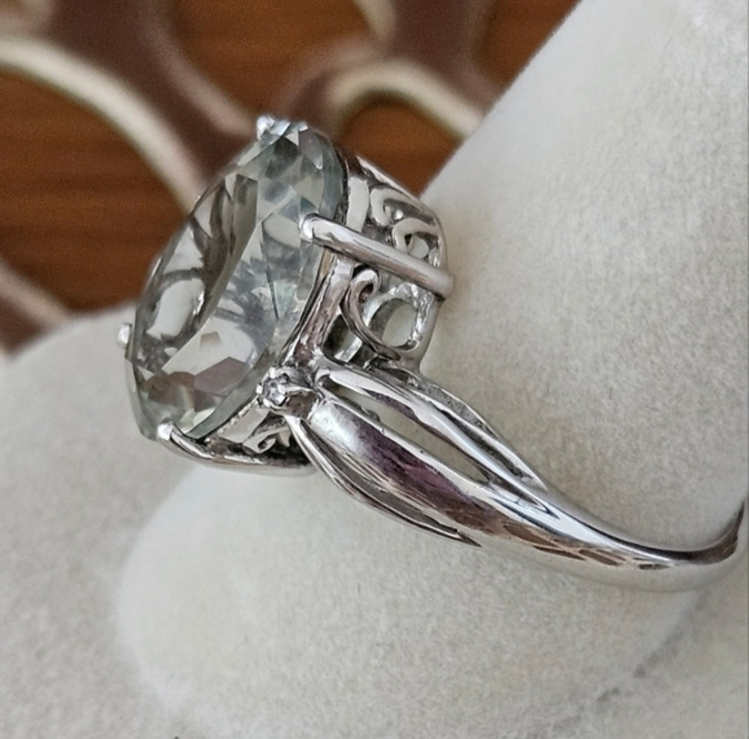Green Amethyst & Diamond Ring Set In Platinum Over 925 Sterling Sz 8