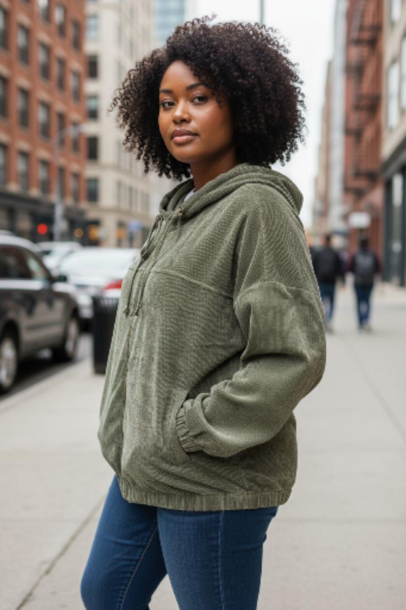 Impressions Olive Green Hooded Thin Cord Cordaroy  Jacket Sz 3X