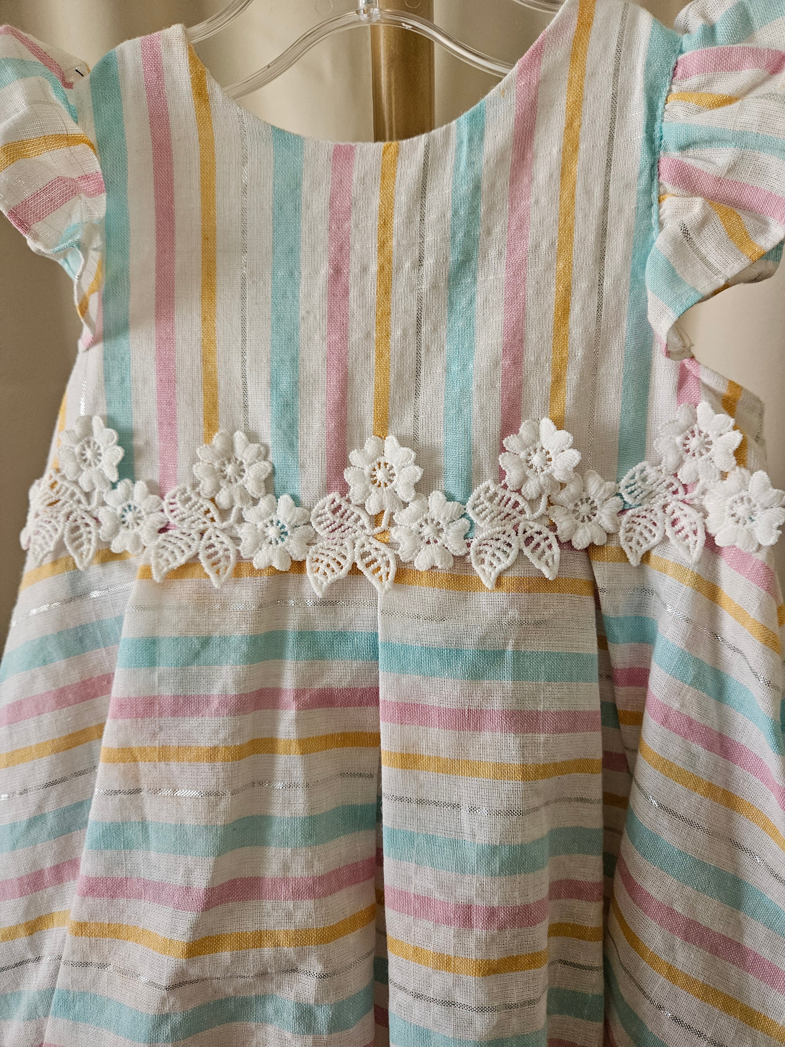 Rare Editions Pastel Striped Linen-Look Dress w/ Bow & Bloomers (24M)