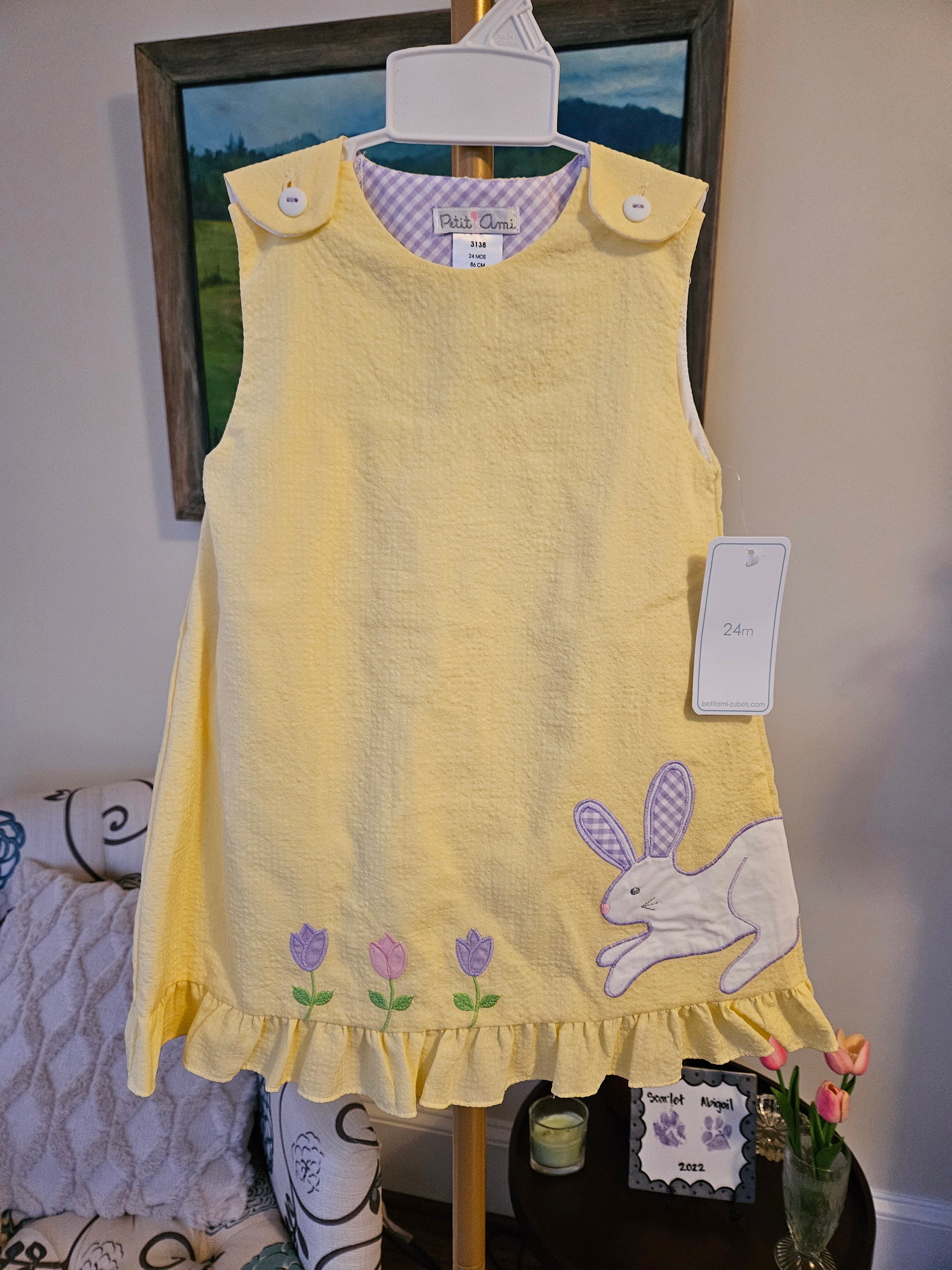 Petit Ami Yellow Sun Dress with Bunny and Flower Appliques