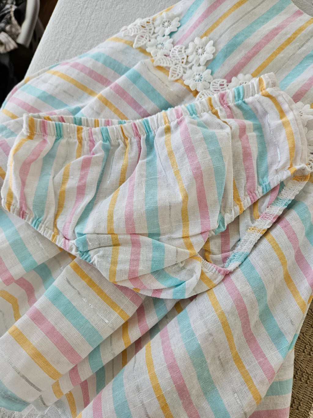 Rare Editions Pastel Striped Linen-Look Dress w/ Bow & Bloomers (24M)