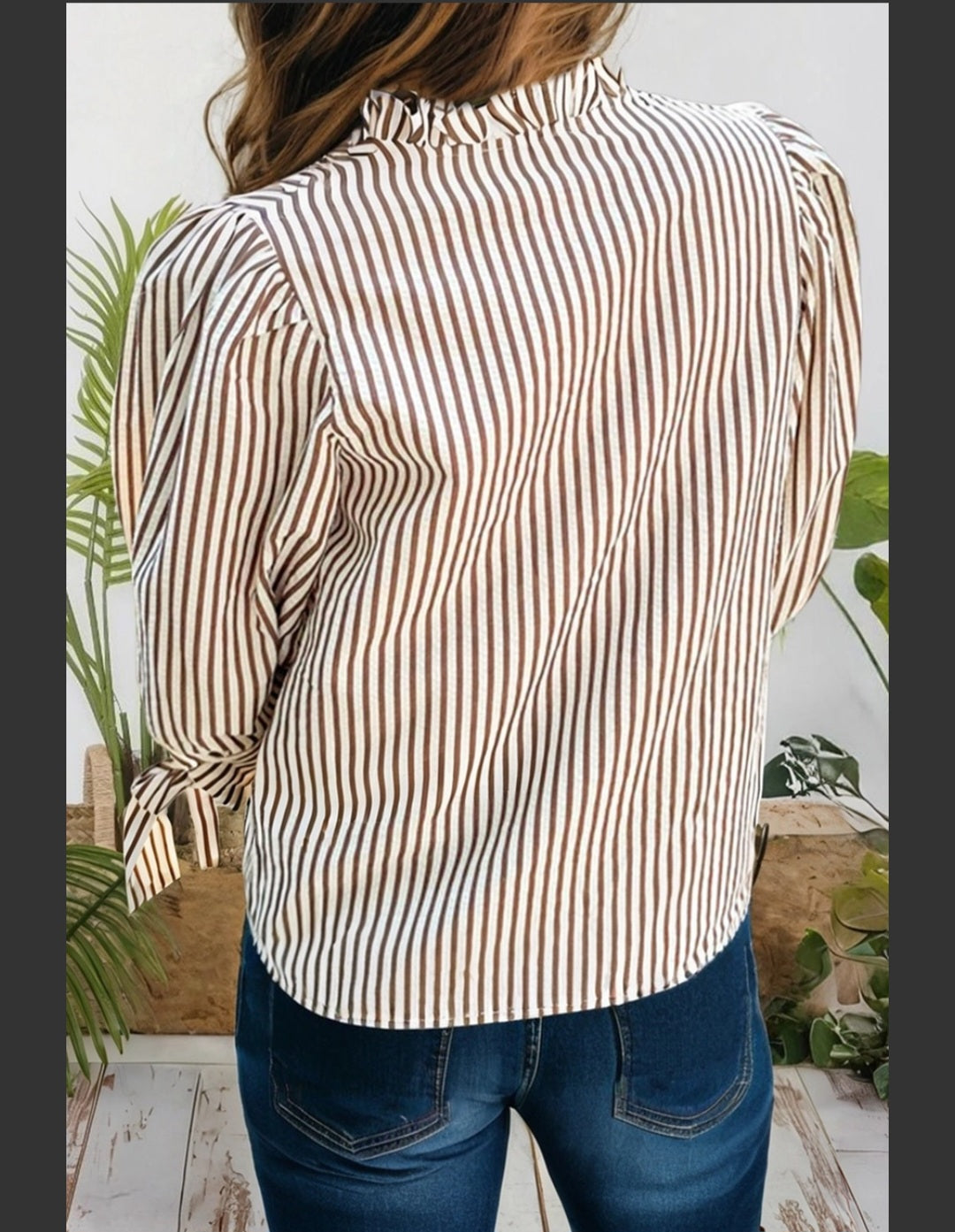 Striped Frill V-Neck Bracelet Sleeve Blouse