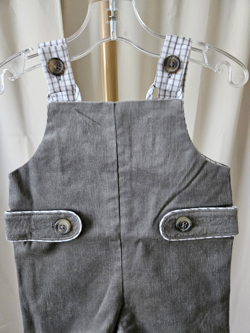 The Beaufort Bonnet Company Gray Corduroy Overalls Gingham Accents