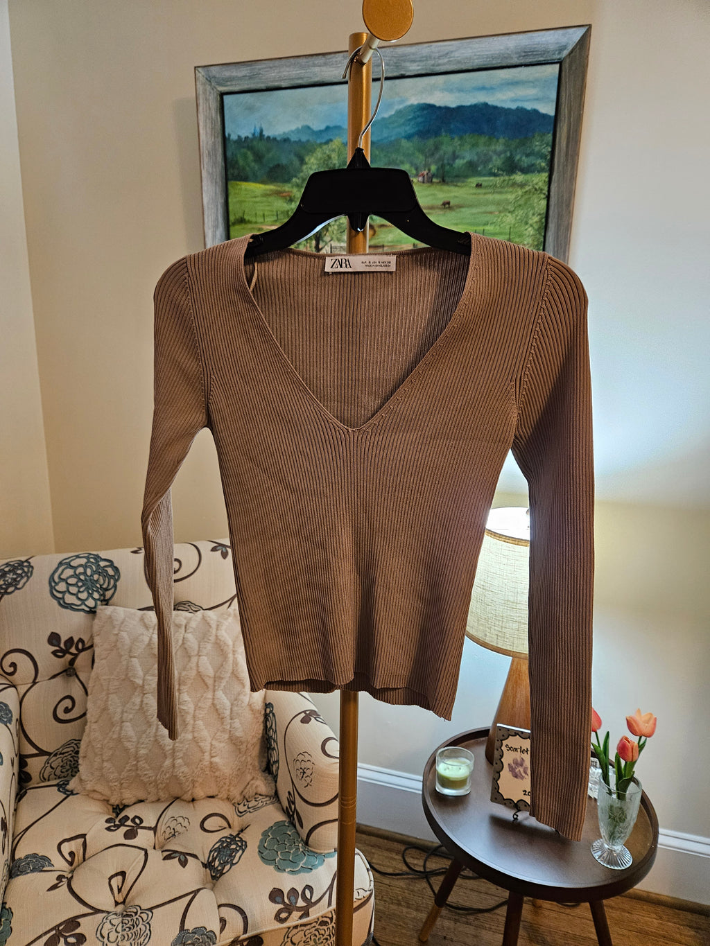 Zara Tan Ribbed Knit V-neck  Blouse Sz Sm