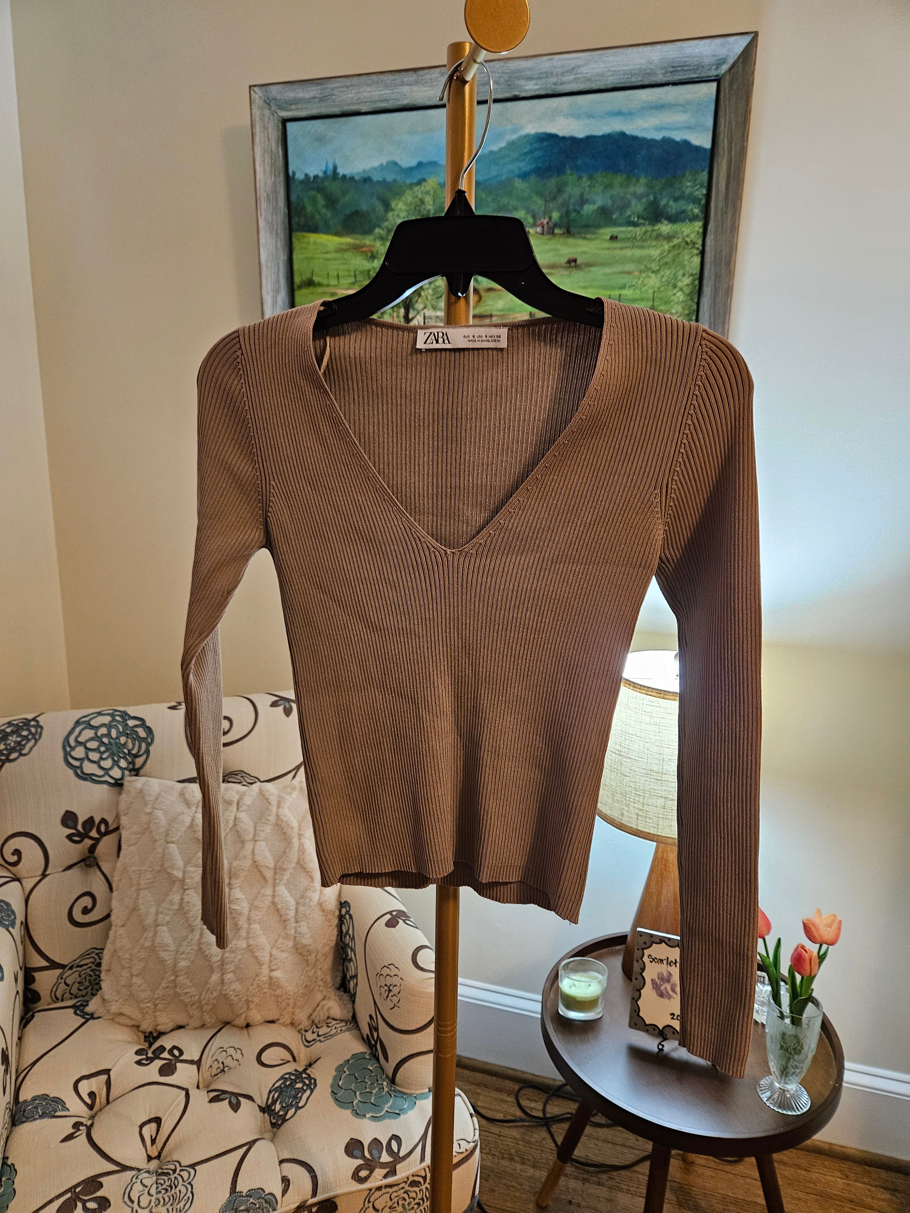 Zara Tan Ribbed Knit V-neck  Blouse Sz Sm