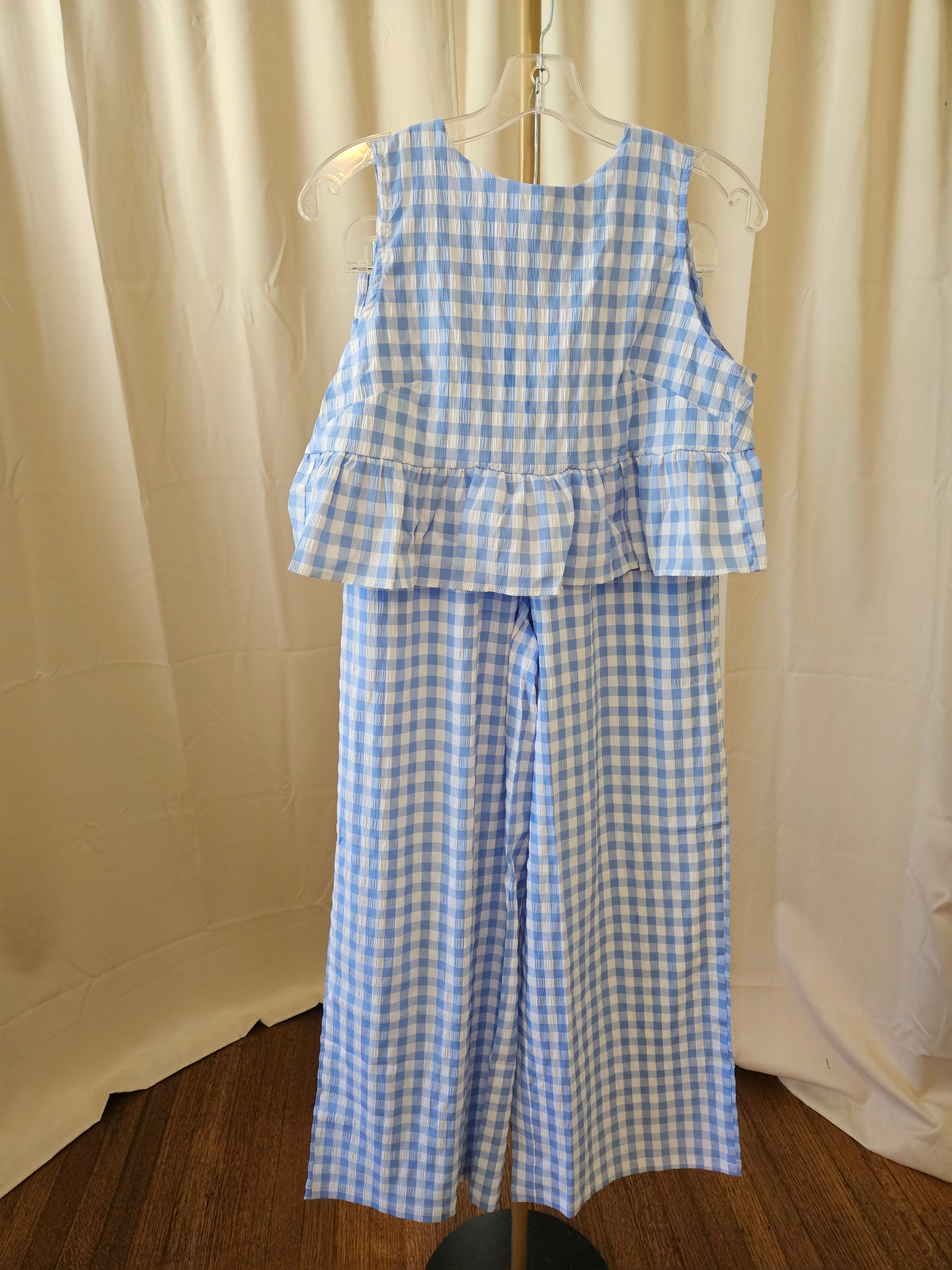 Blue & White Gingham 2-Piece Set | Open Back Top & Wide Leg Pants