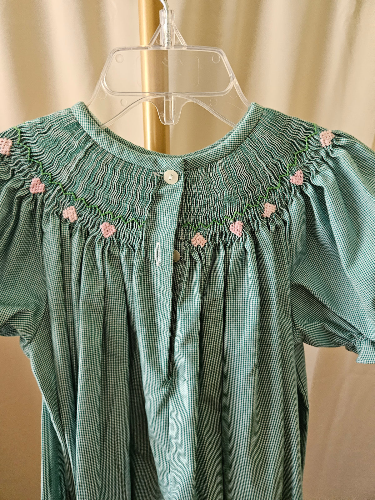 Ragsland Green & White Micro Check Bishop Smocked Dress | Girls Size 4 | Vintage 2003