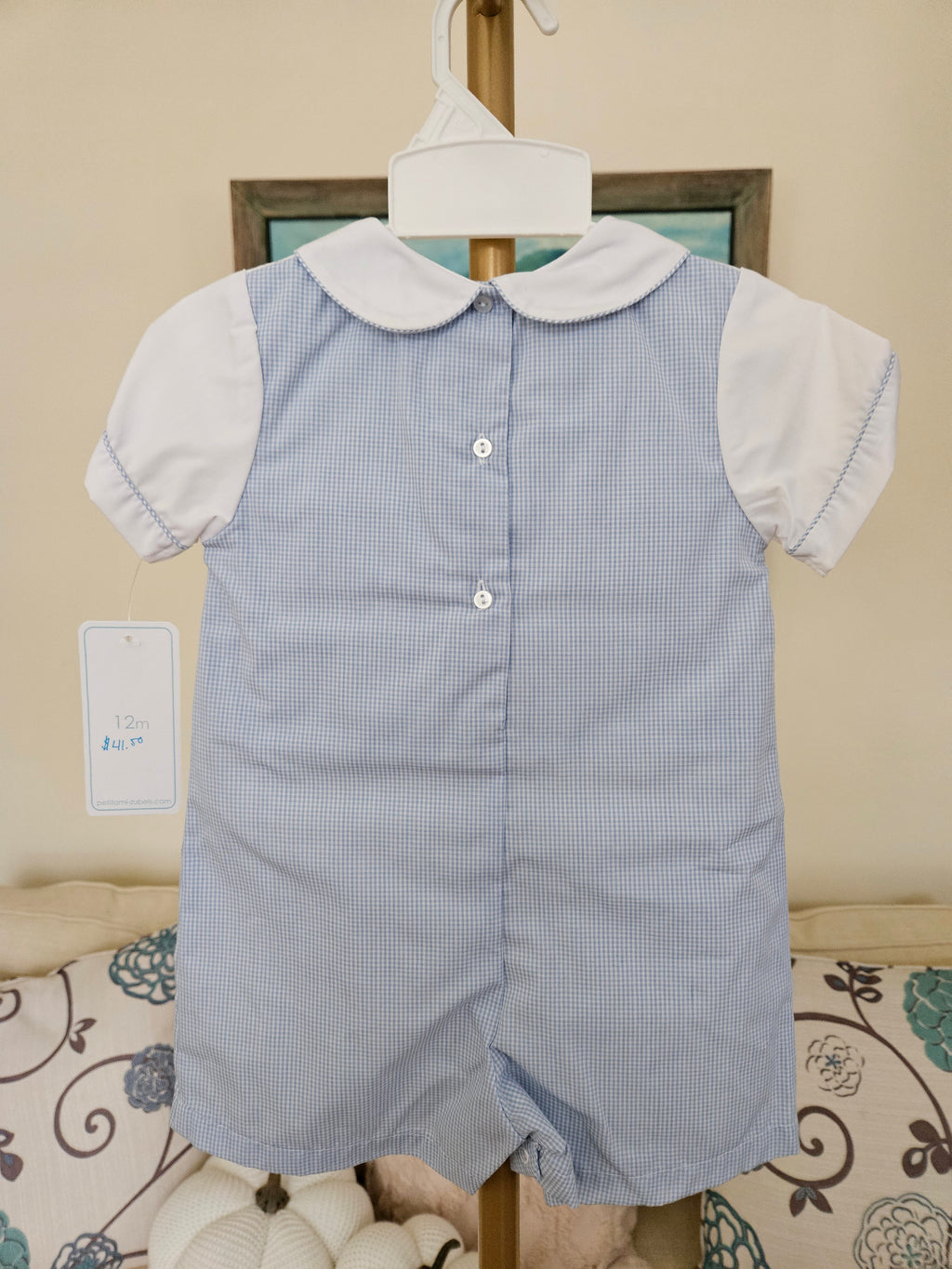 Petit Ami Blue and White Birthday Embroidered Romper