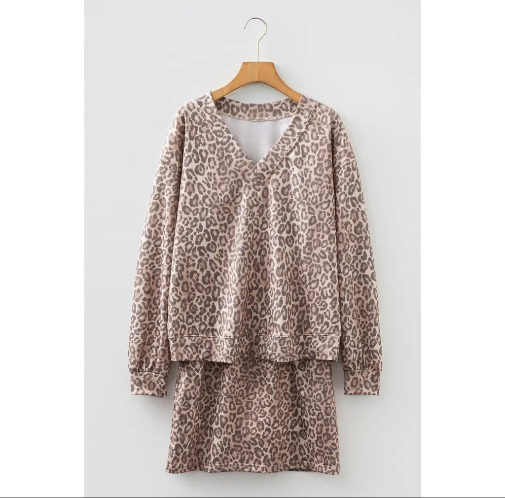 Lovesoft Light French Beige Leopard Print V-Neck Pullover Mini Skirt 2pc Set