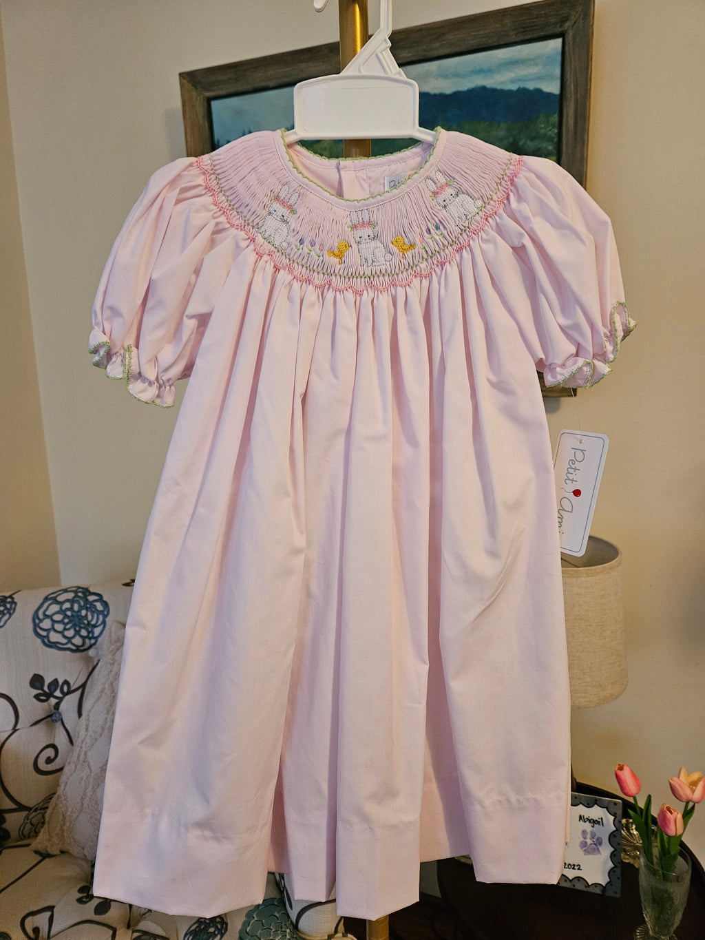 Petit Ami Light Pink Bishop Dress With Easter Bunny Smocking