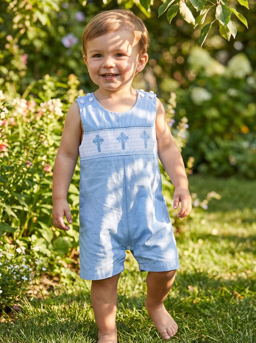 Lil' Cactus Periwinkle Crosses Smocked Shortalls Sz 3-6M