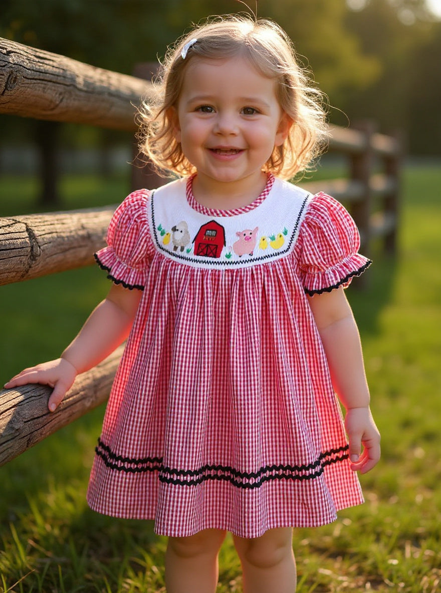 Lil' Cactus Red Gingham Barn Animals Smocked Bishop Dress Sz 3T
