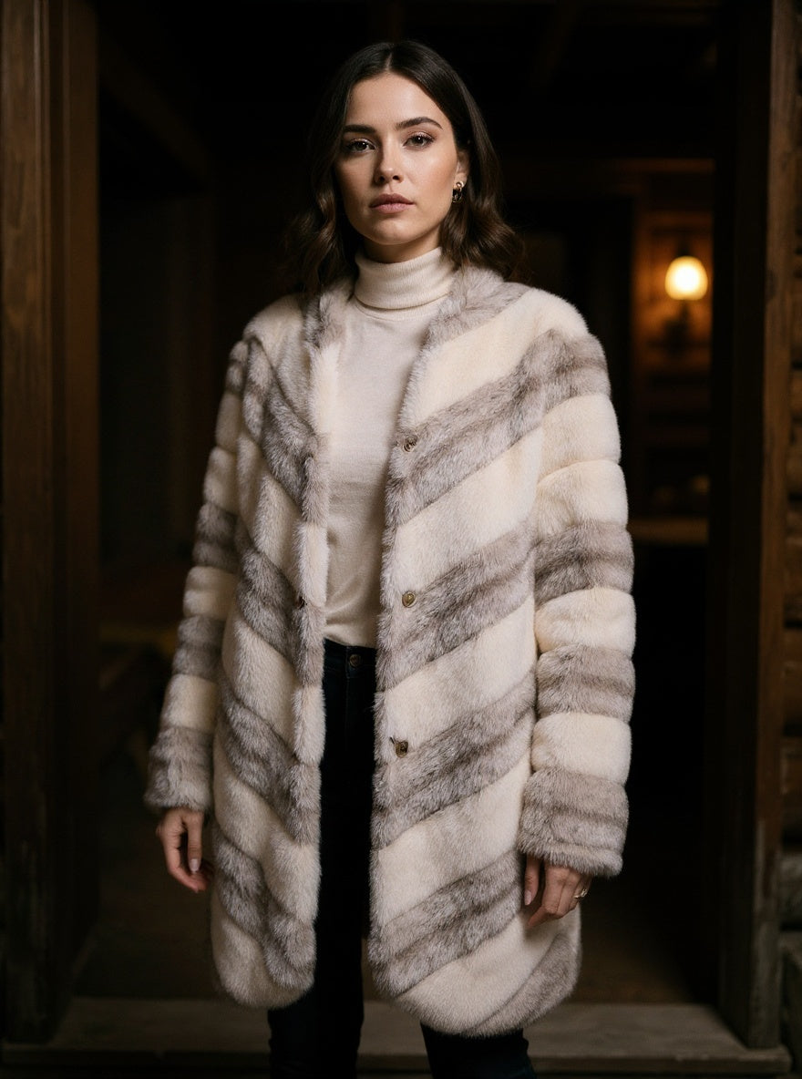 Vintage Central Park Zoo Cream and Gray Faux Mink Jacket Sz Sm