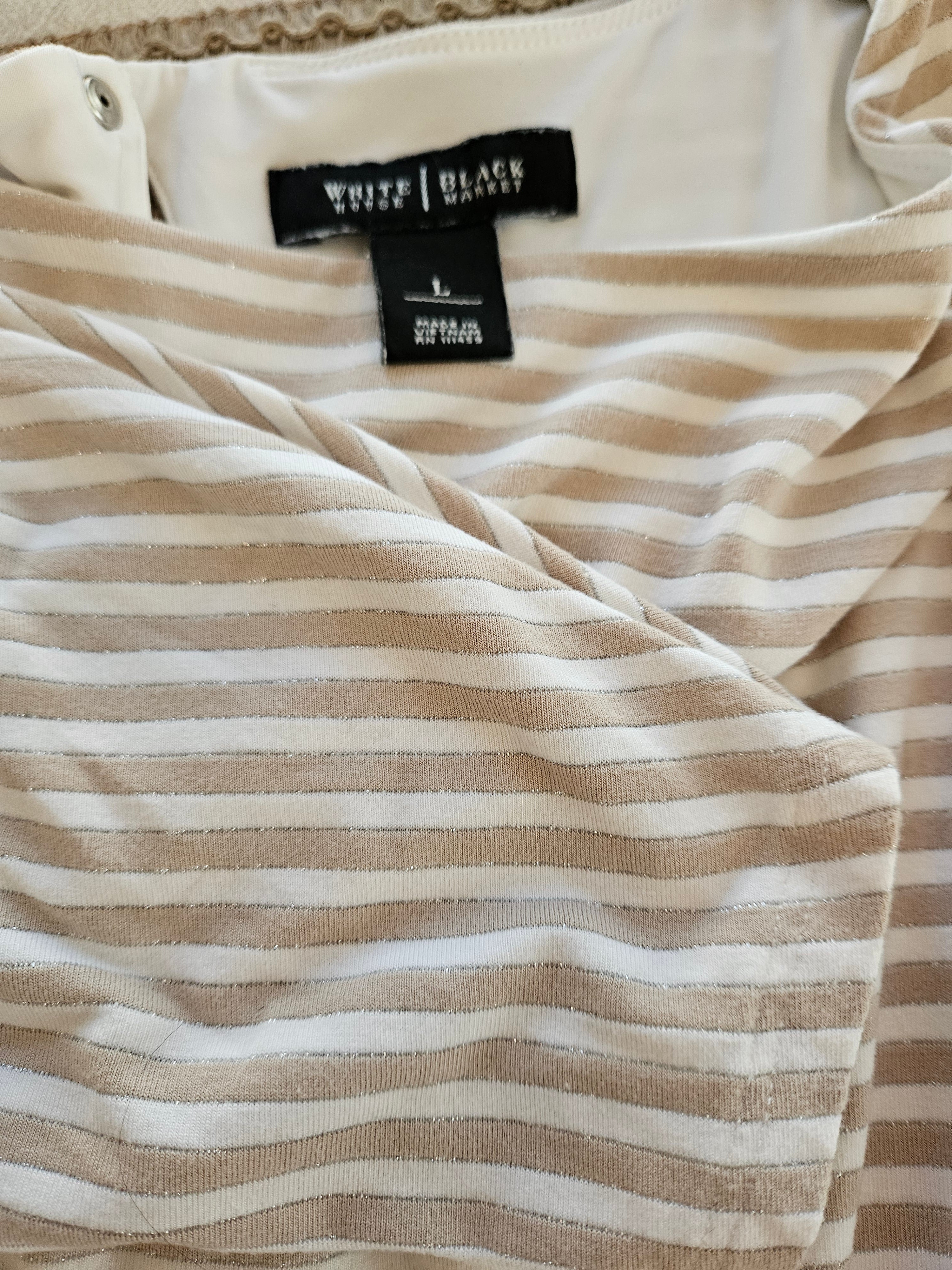 White House Black Market Striped Cream, White And Silver Blouse Sz Lg