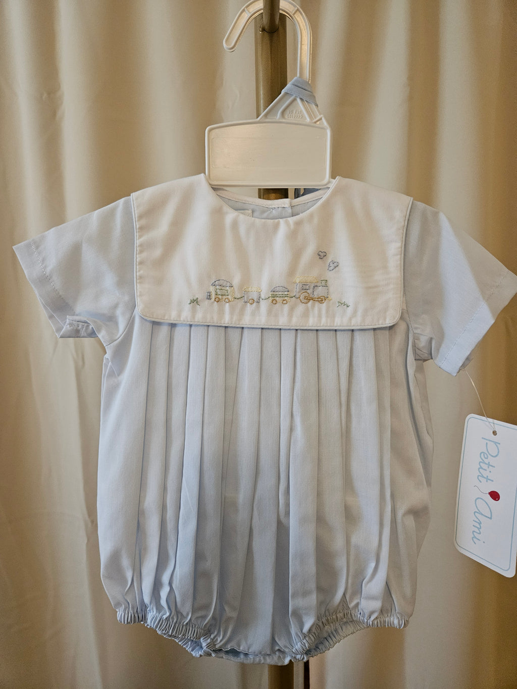 Heirloom Blue & White Train Embroidered Bubble – Petit Ami NB/3M 💙